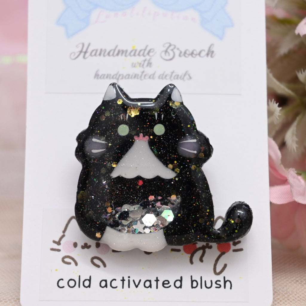 Shy Cat Brooch - Black Tuxedo, Fluffy