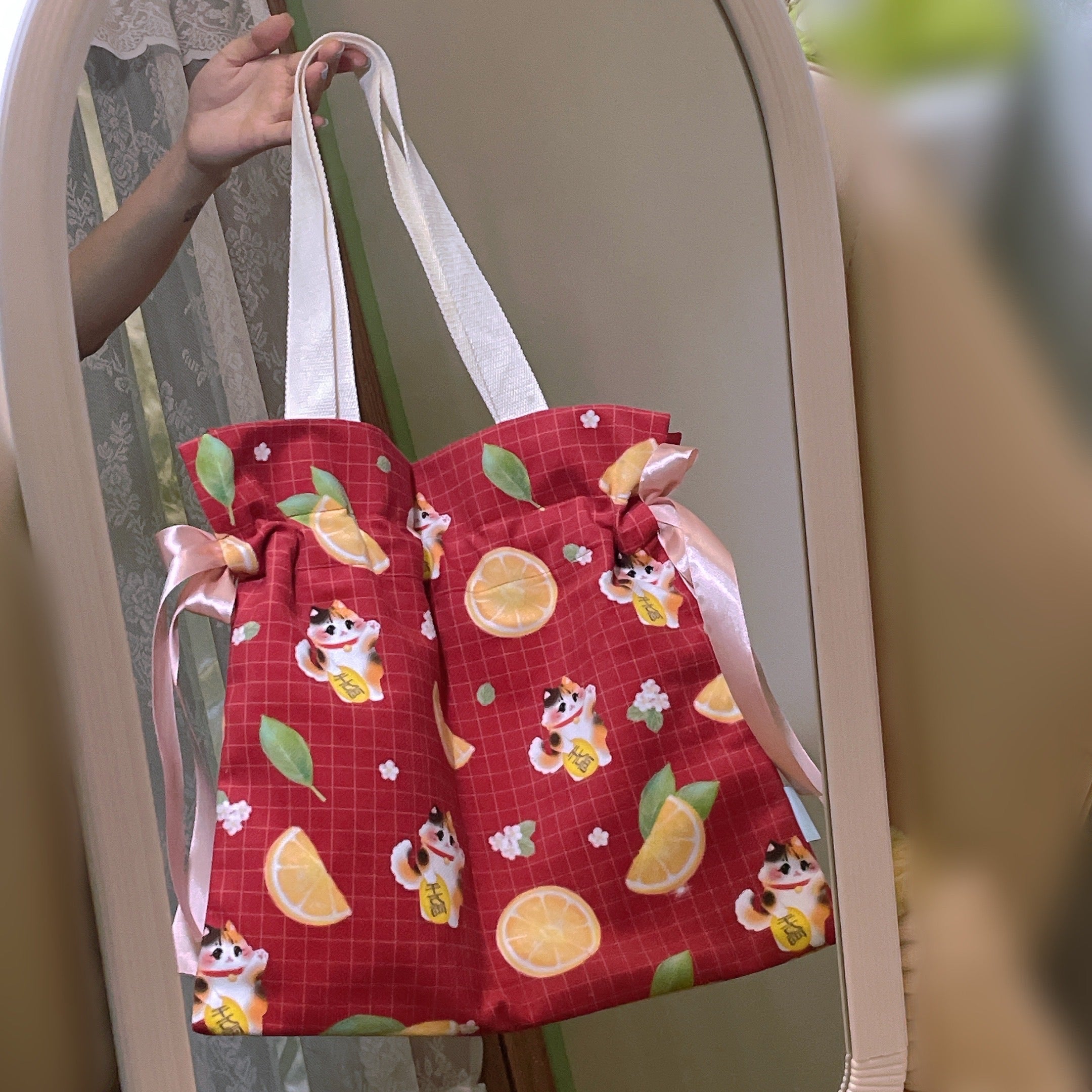 Red Maneki Ribbon Tote Bag (Instock)