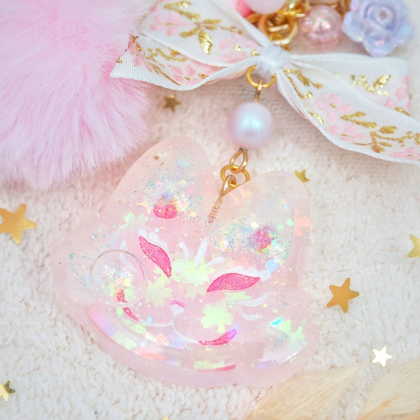 Painted Sakura Kitsune Charm with whiskers