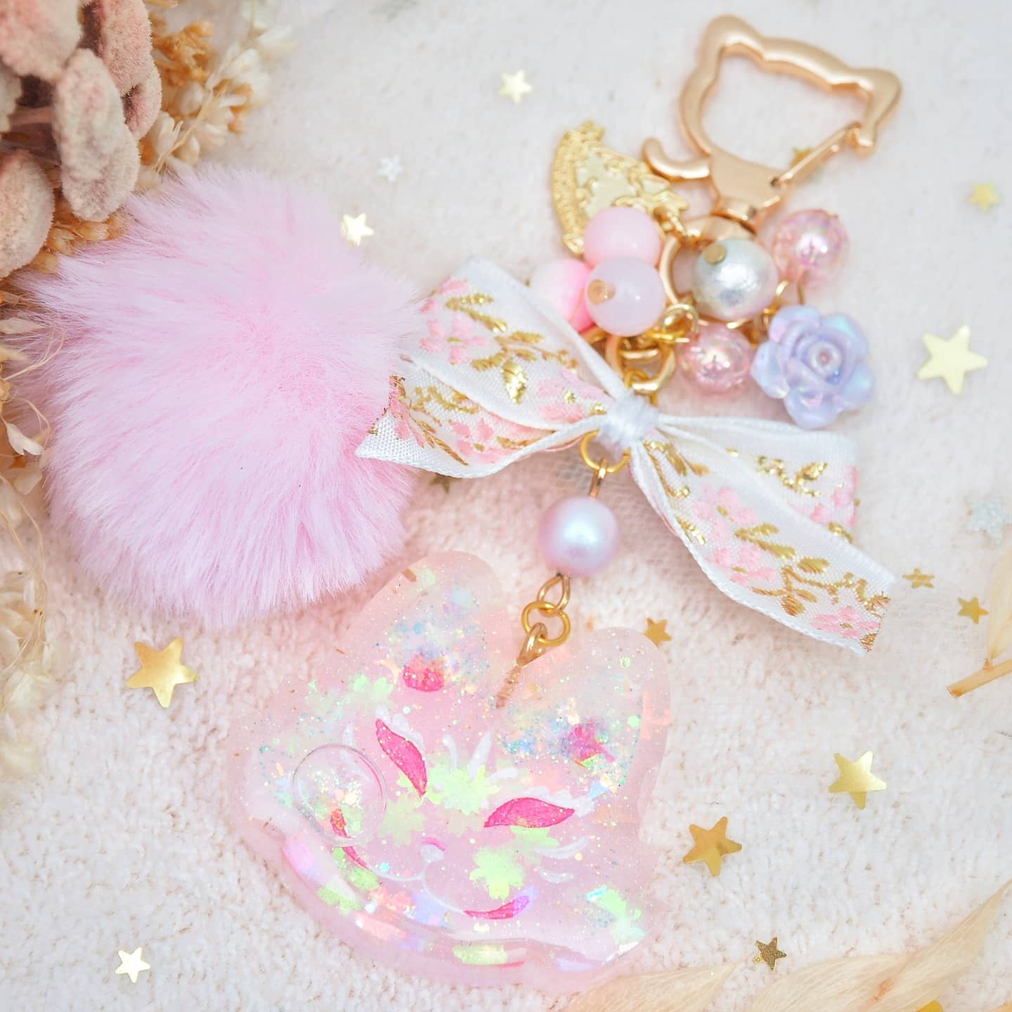 Painted Sakura Kitsune Charm with whiskers