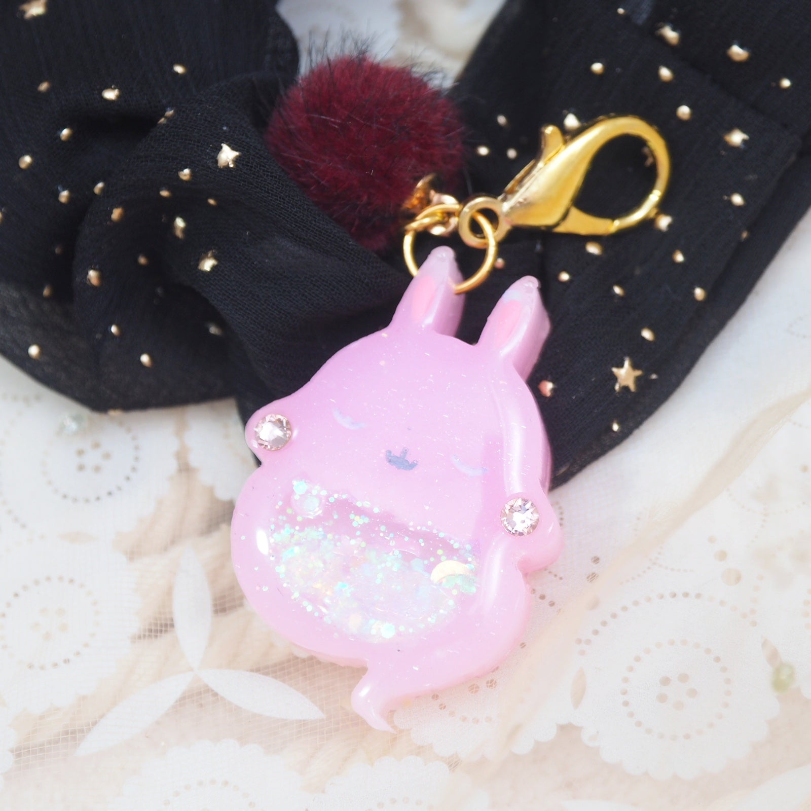 Dark Pink Ghostie Bun Charm with Black Starry Scrunchie (Glows)