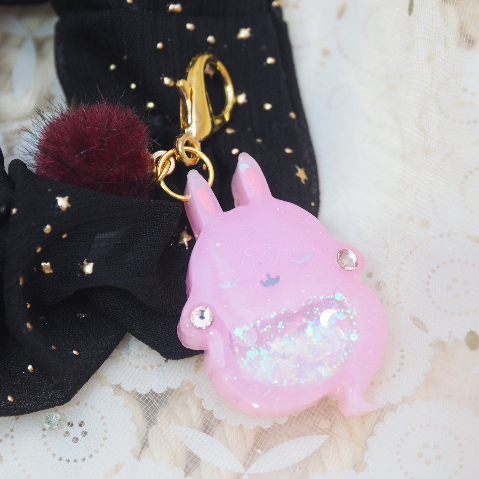 Dark Pink Ghostie Bun Charm with Black Starry Scrunchie (Glows)