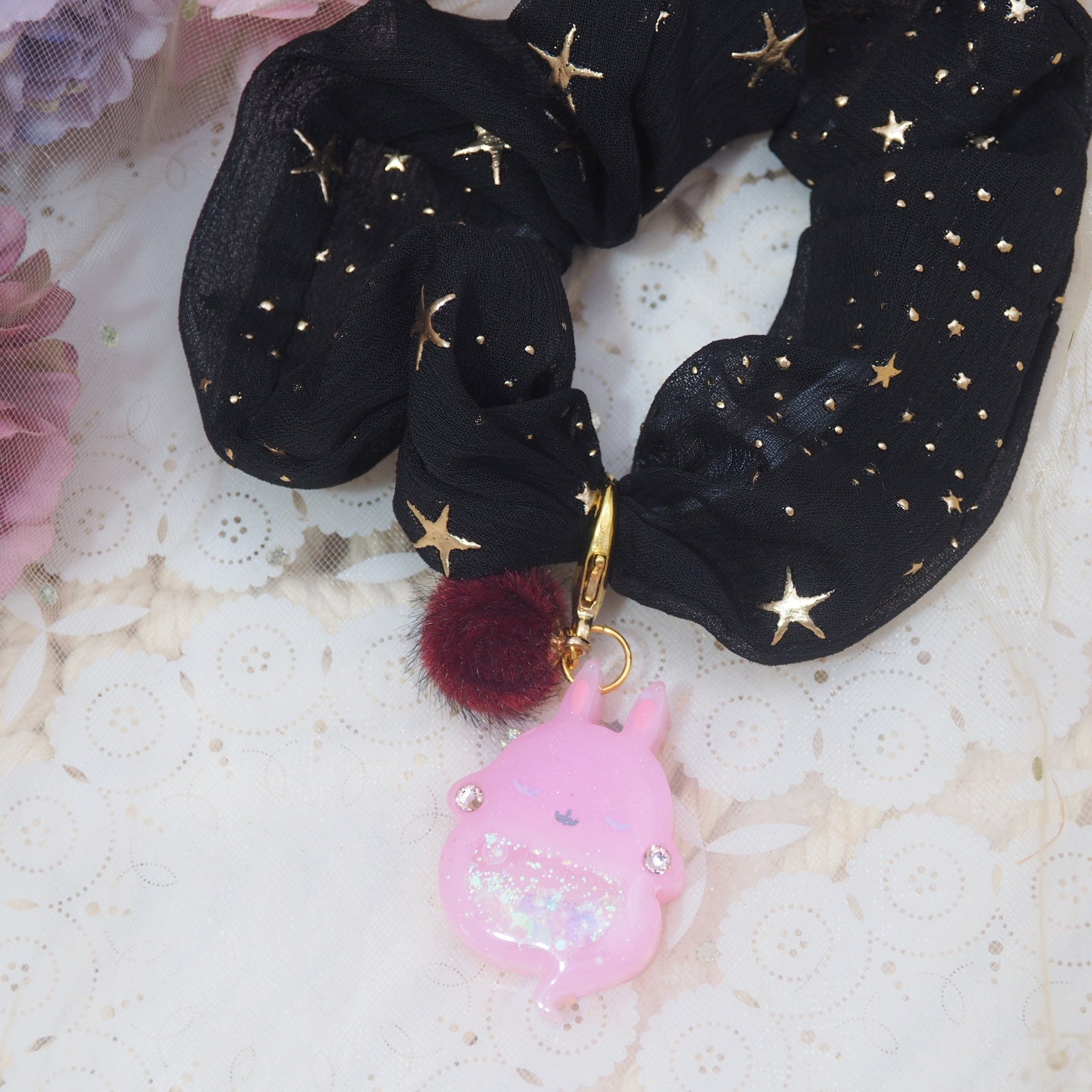 Dark Pink Ghostie Bun Charm with Black Starry Scrunchie (Glows)