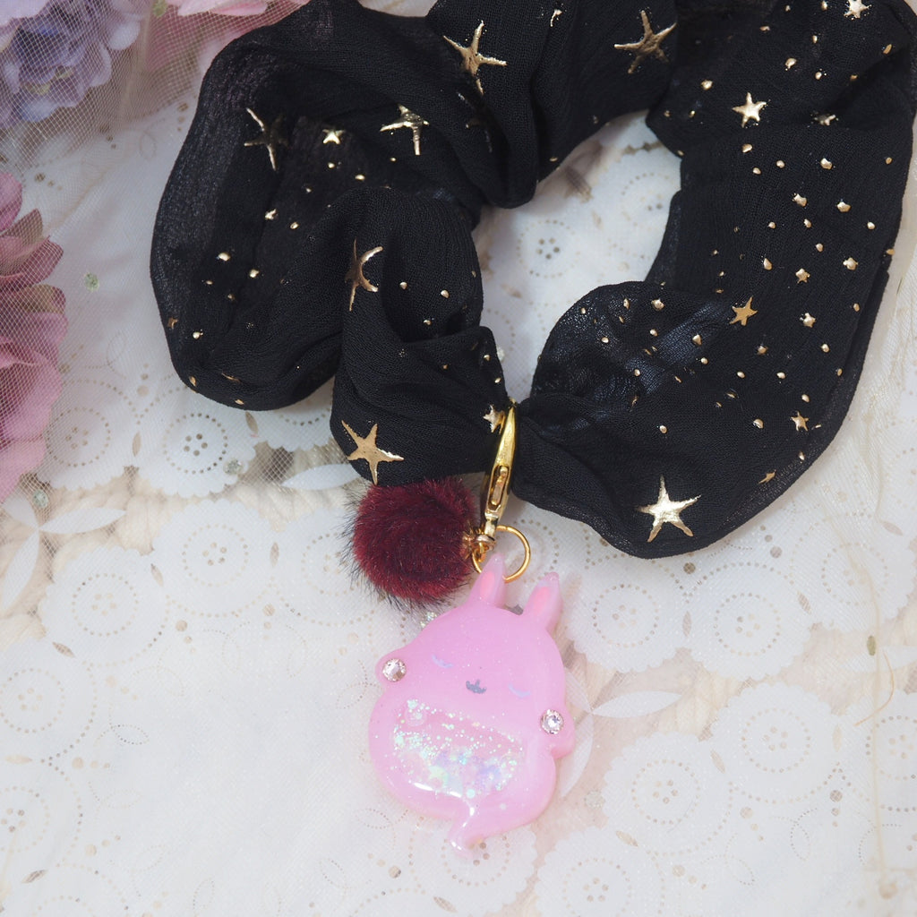 Dark Pink Ghostie Bun Charm with Black Starry Scrunchie (Glows)