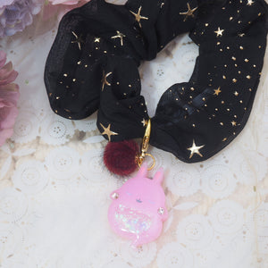 Dark Pink Ghostie Bun Charm with Black Starry Scrunchie (Glows)