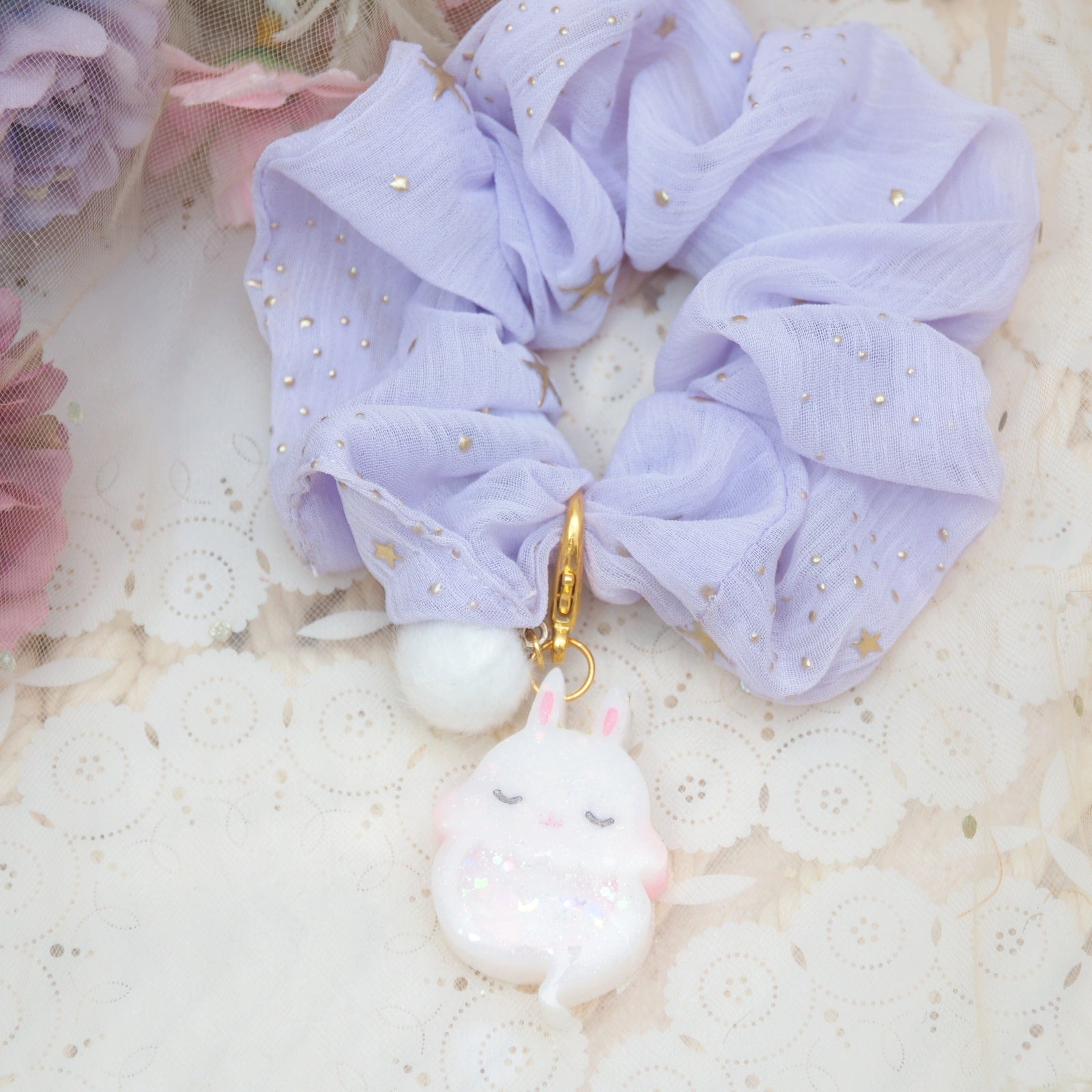 White Ghostie Bun Charm with Lilac Starry Scrunchie (Glows)