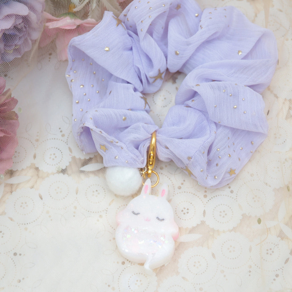 White Ghostie Bun Charm with Lilac Starry Scrunchie (Glows)