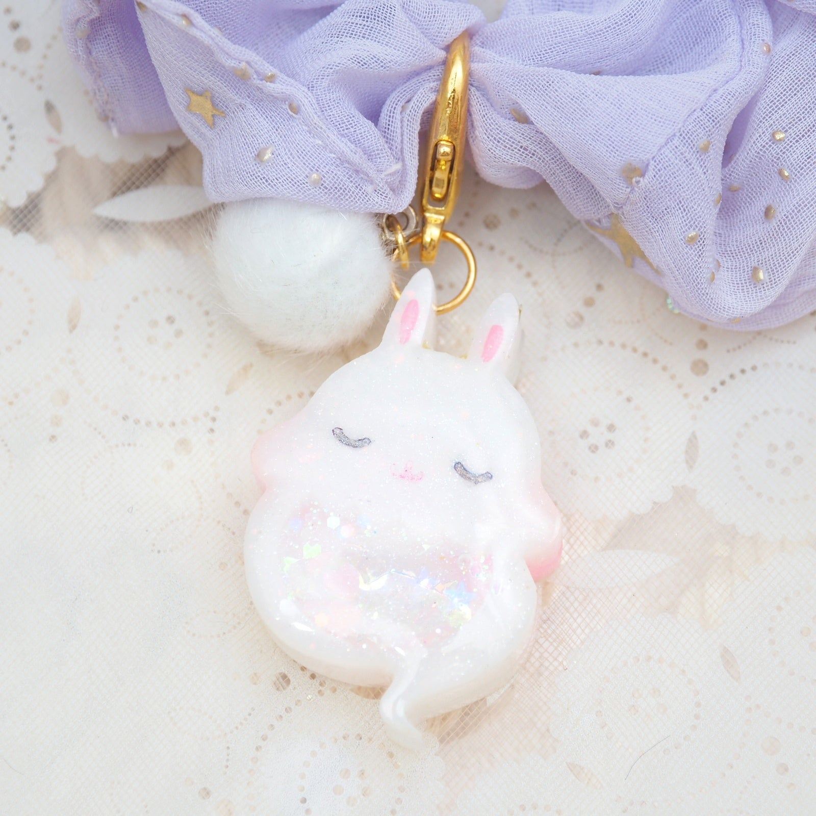White Ghostie Bun Charm with Lilac Starry Scrunchie (Glows)