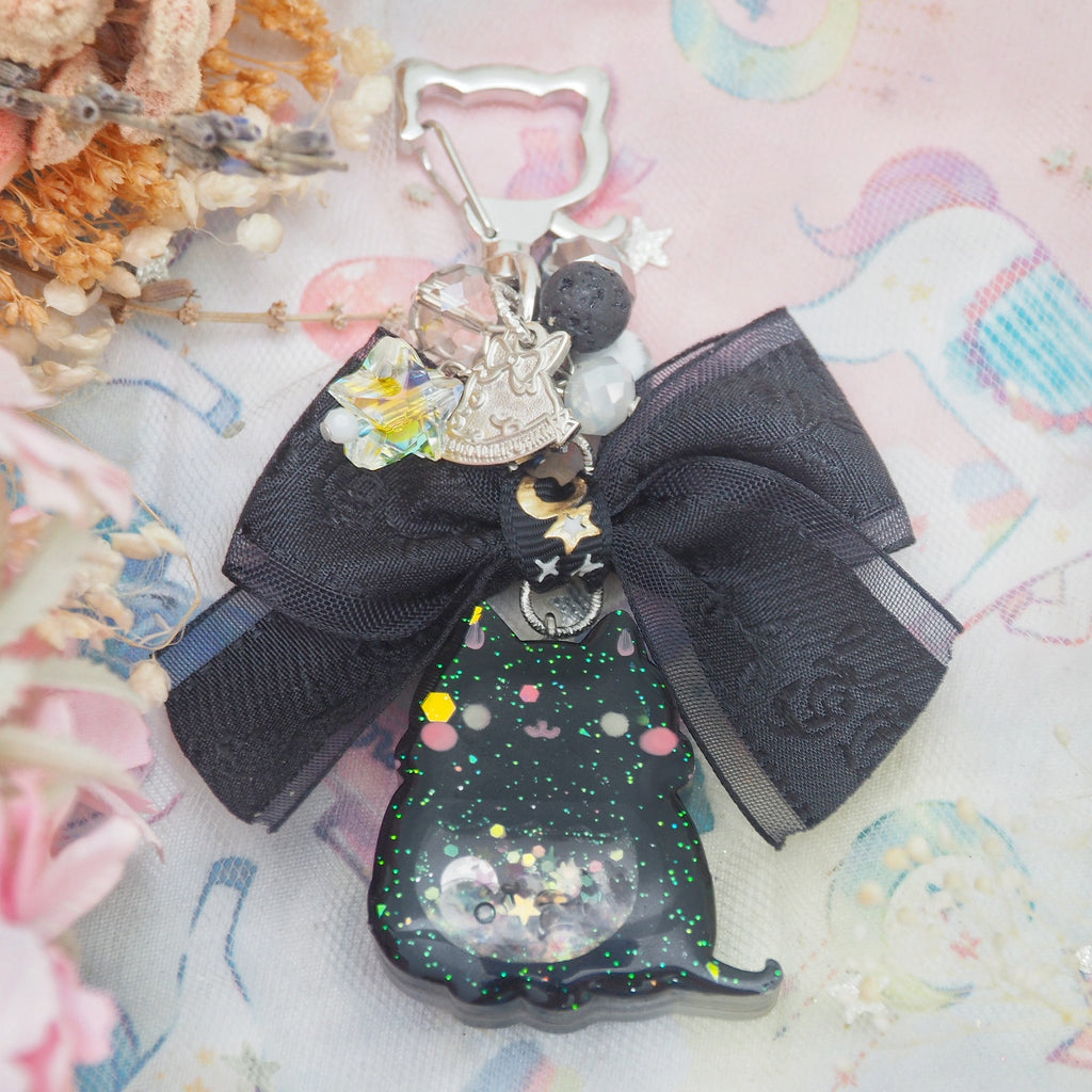 Black Cat Charm with Jacquard Chiffon Ribbon (Silver Keychain)