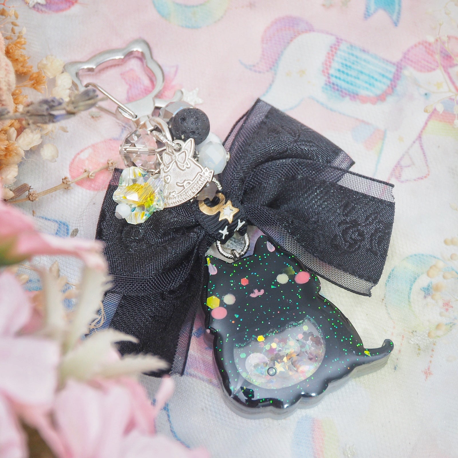 Black Cat Charm with Jacquard Chiffon Ribbon (Silver Keychain)