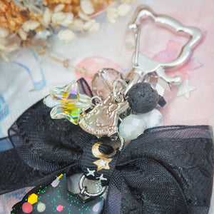 Black Cat Charm with Jacquard Chiffon Ribbon (Silver Keychain)
