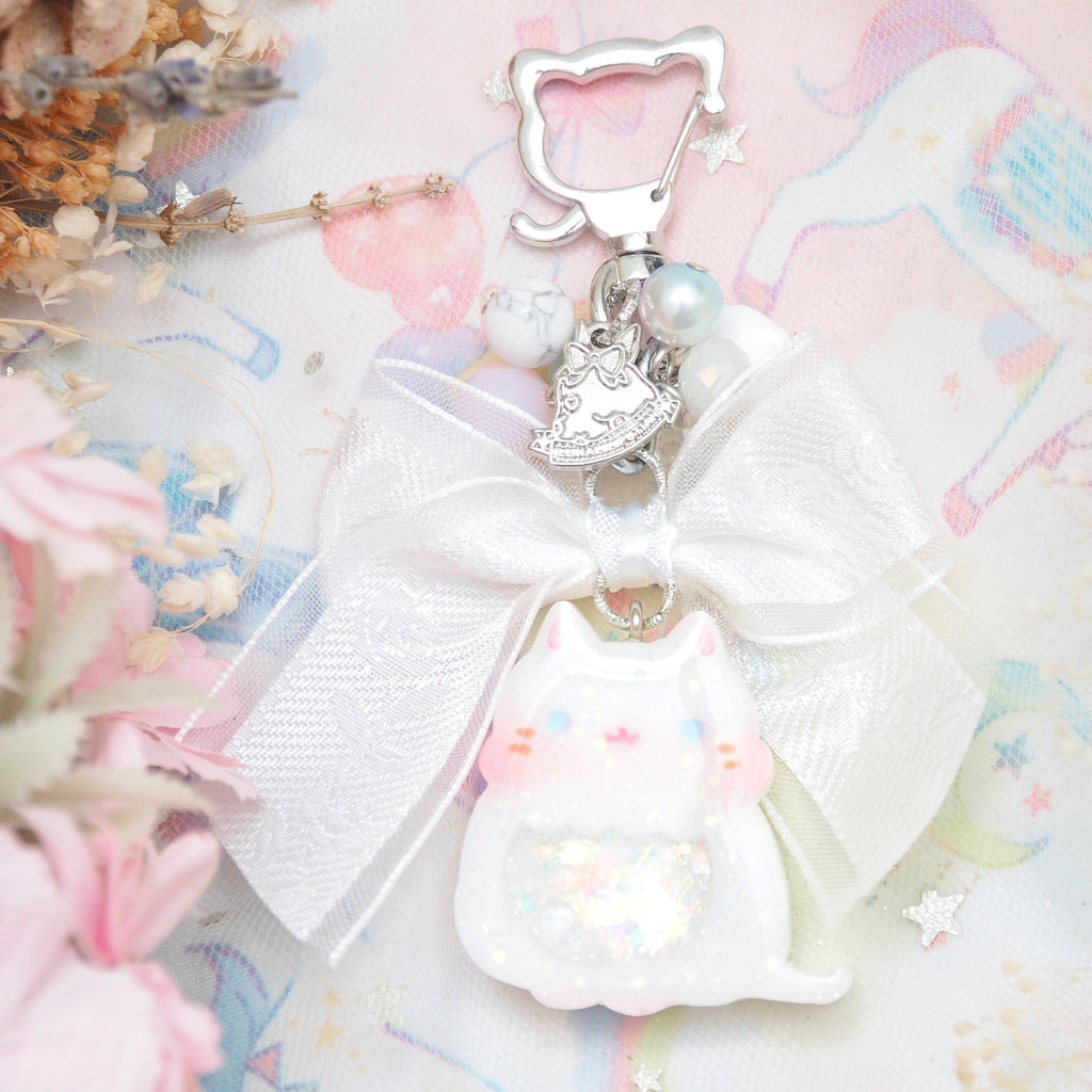 White Cat Charm with Jacquard Chiffon Ribbon