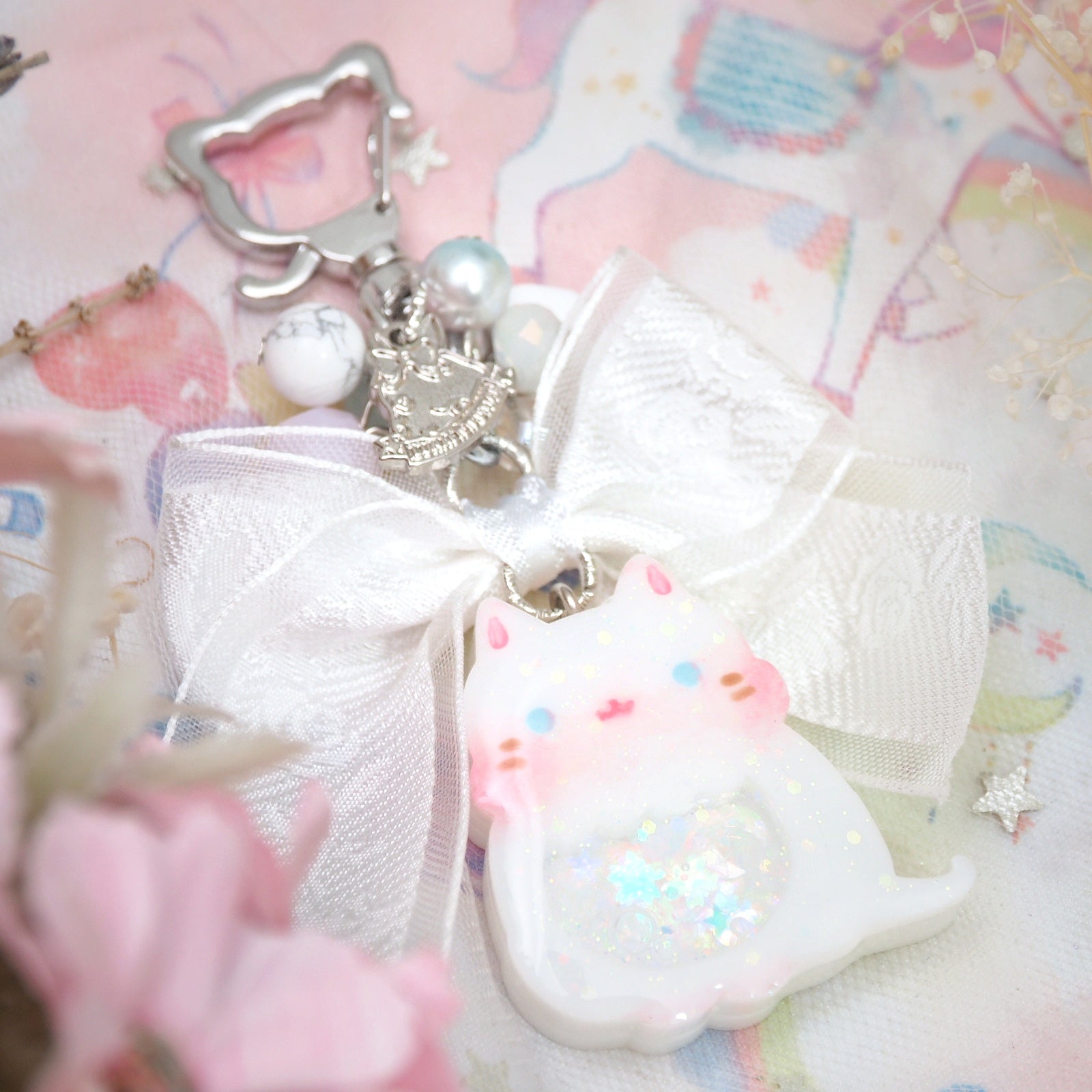 White Cat Charm with Jacquard Chiffon Ribbon