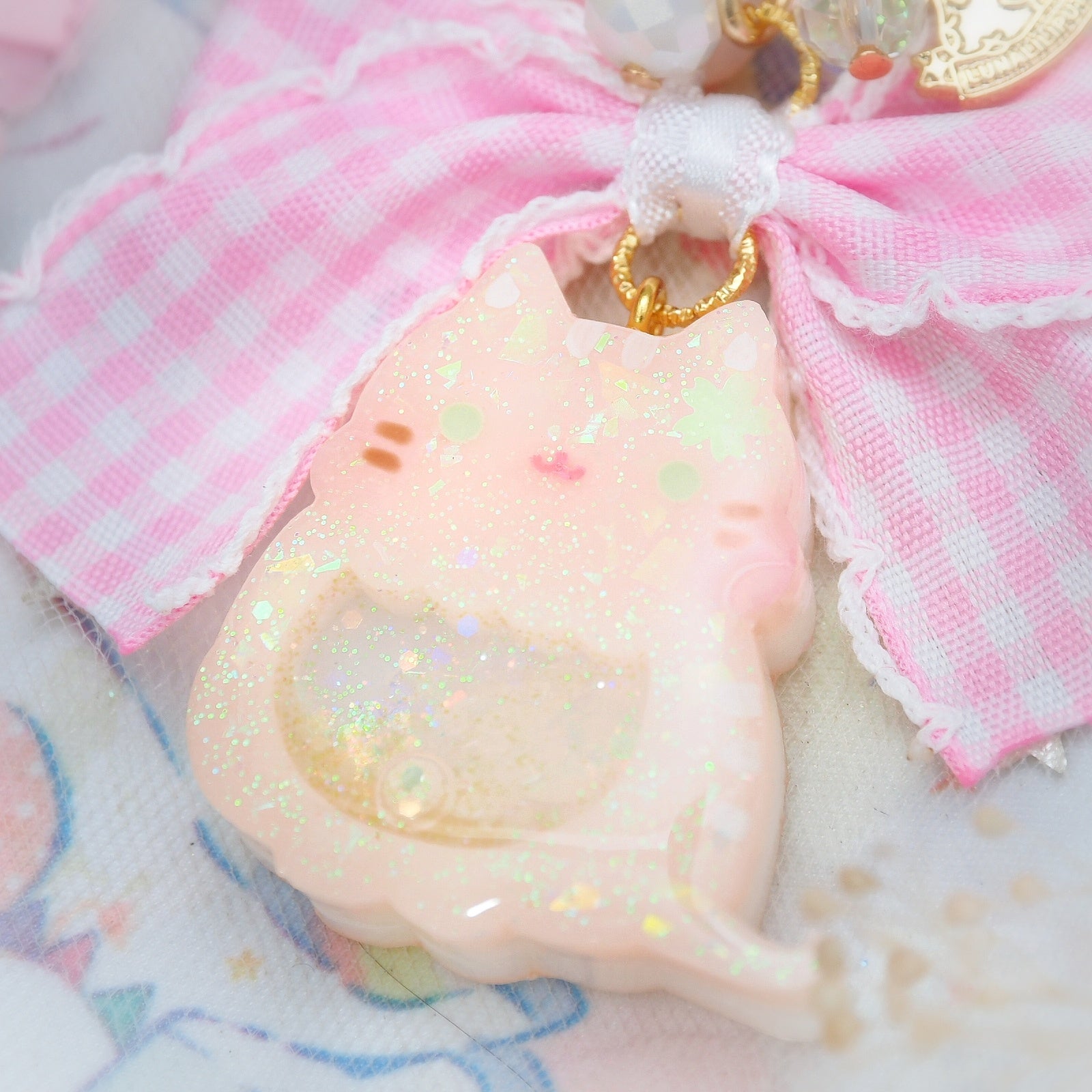Ginger Cat Charm with Frilly Checkered Ribbon