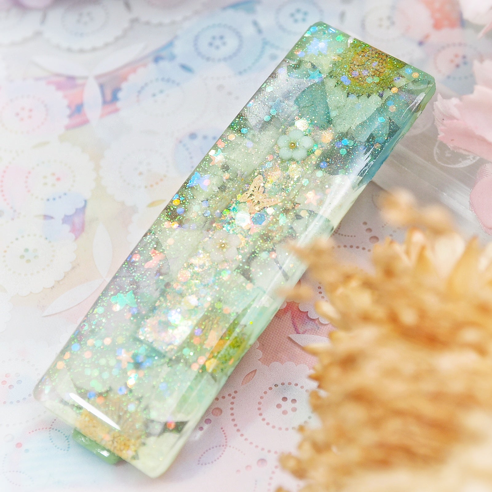 Butterfly Glass Floral Shaker Barette (Standard Rectangle)