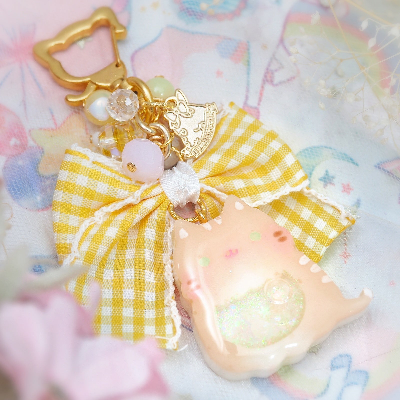 Ginger Cat Charm with Frilly Checkered Ribbon