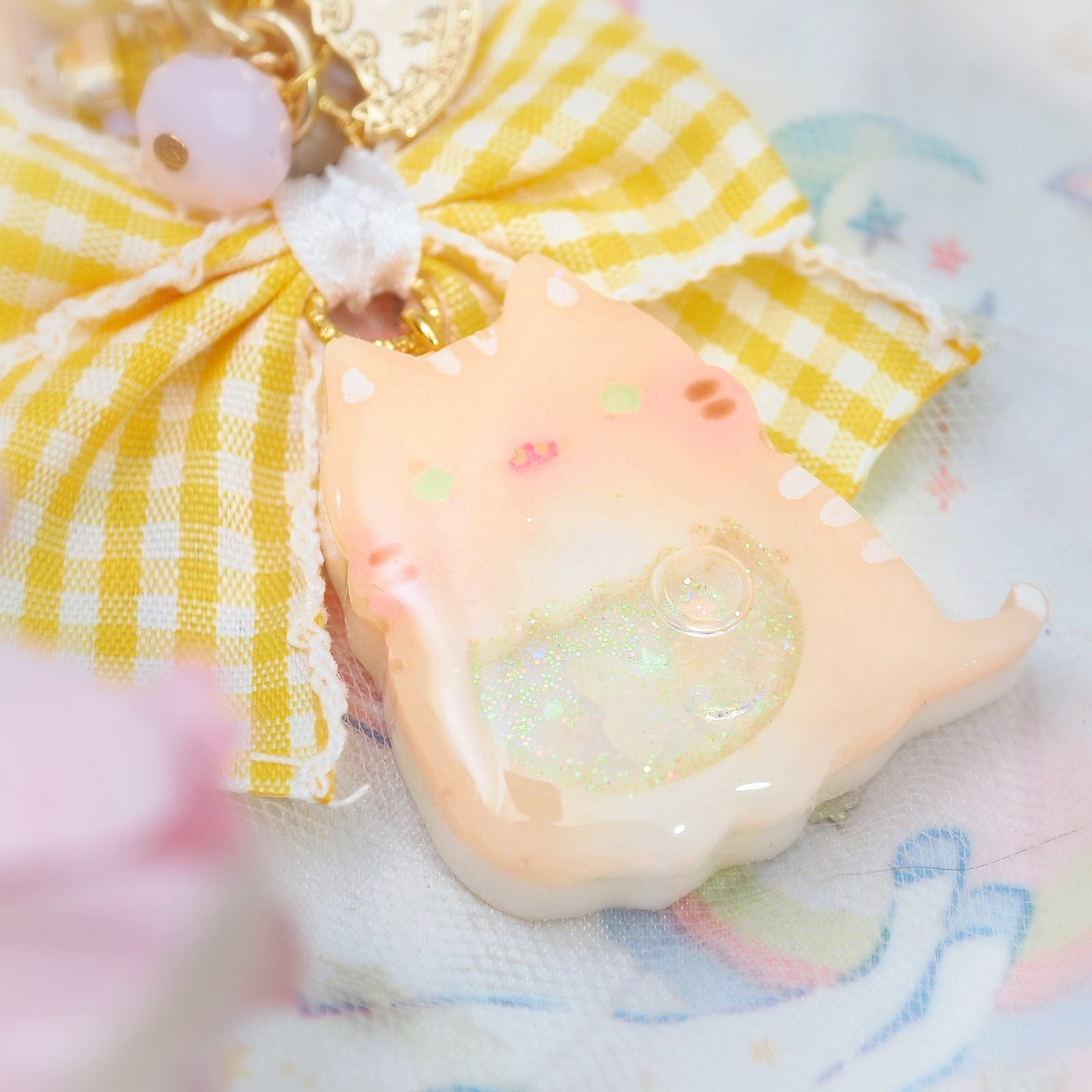 Ginger Cat Charm with Frilly Checkered Ribbon
