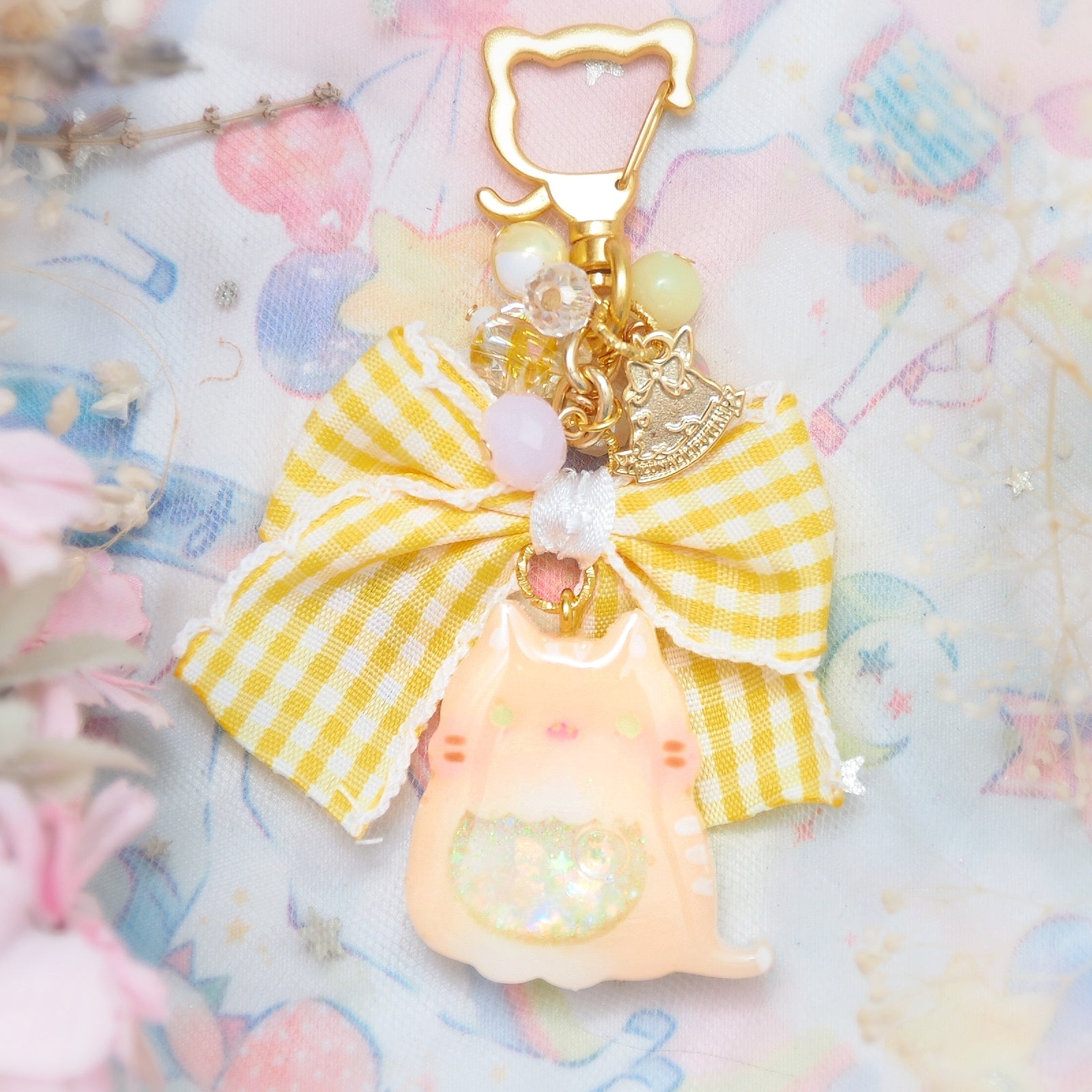 Ginger Cat Charm with Frilly Checkered Ribbon