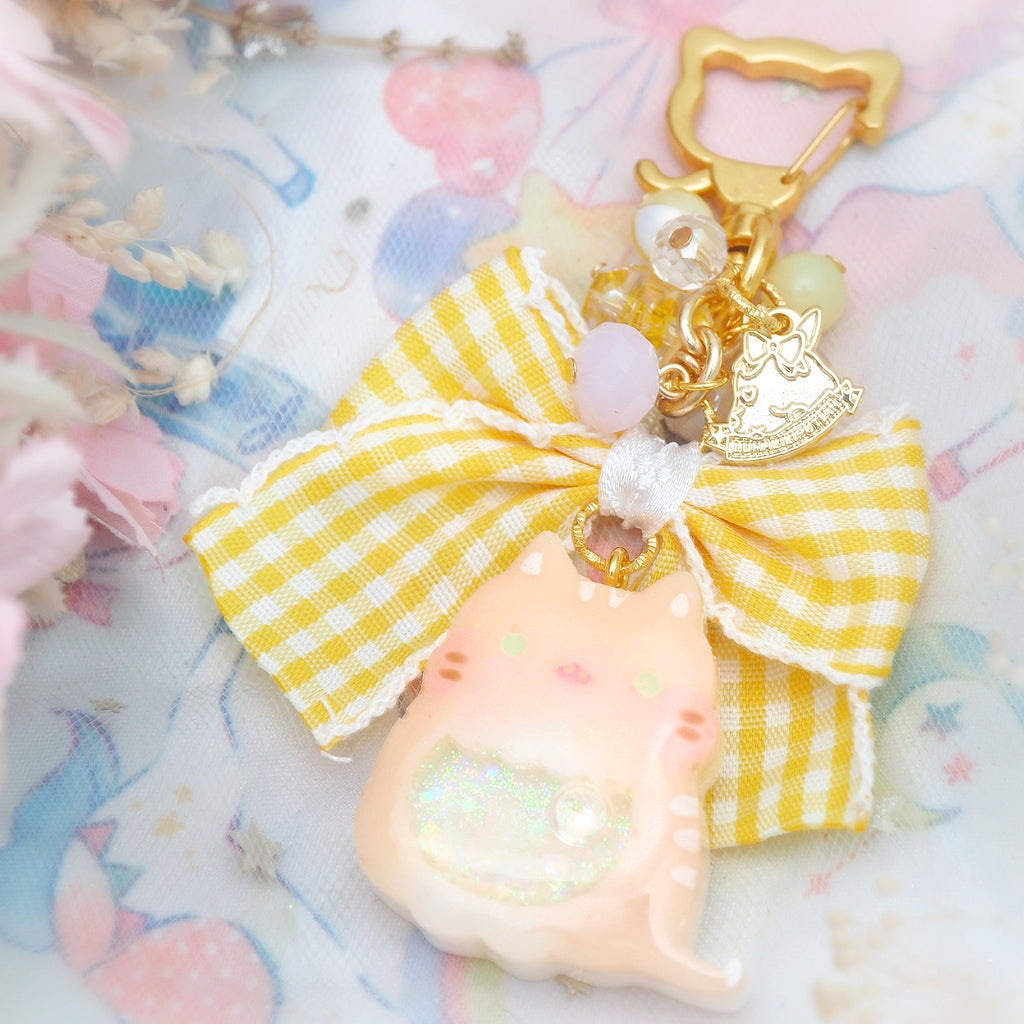 Ginger Cat Charm with Frilly Checkered Ribbon