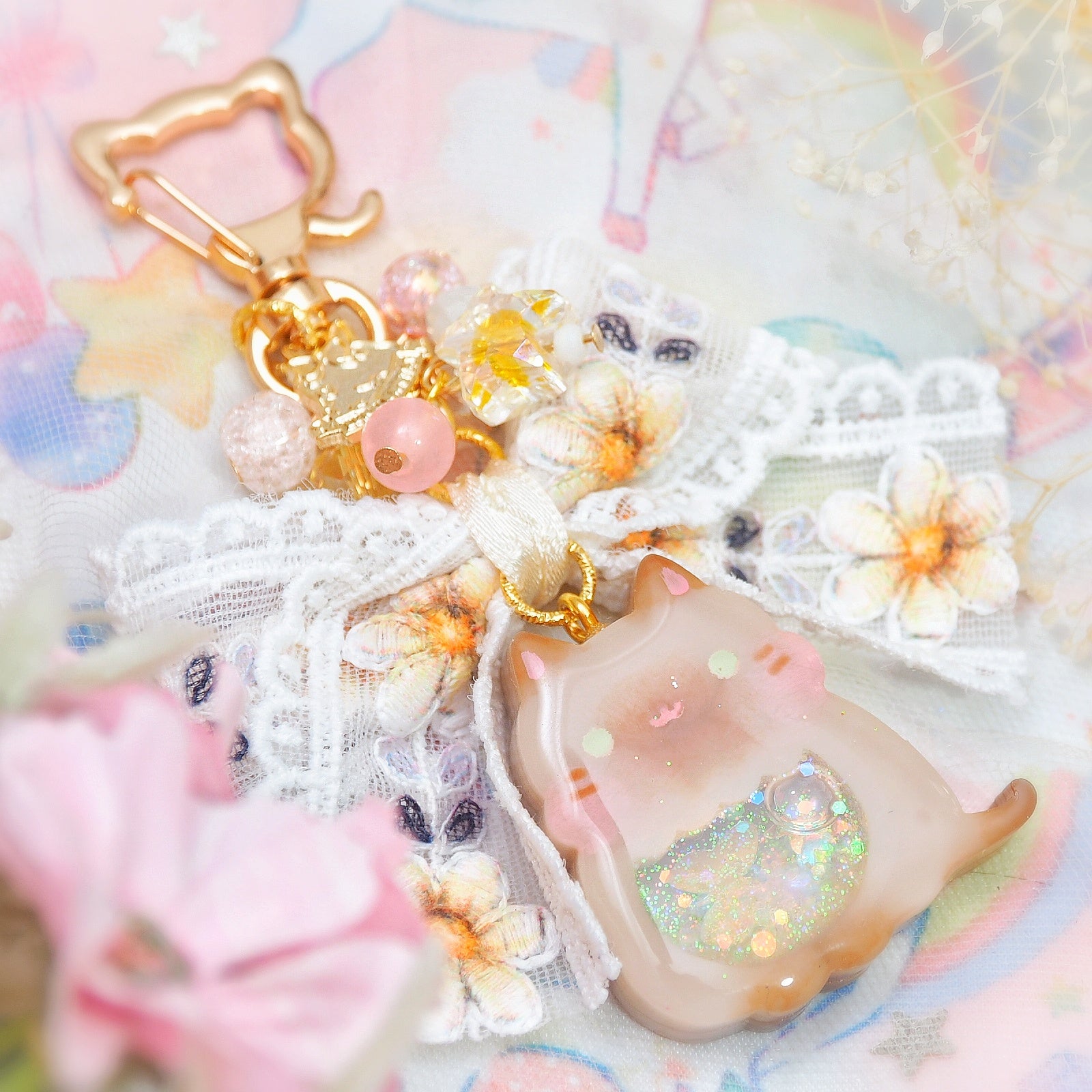 Siamese Cat Charm with Floral Embroidered Ribbon