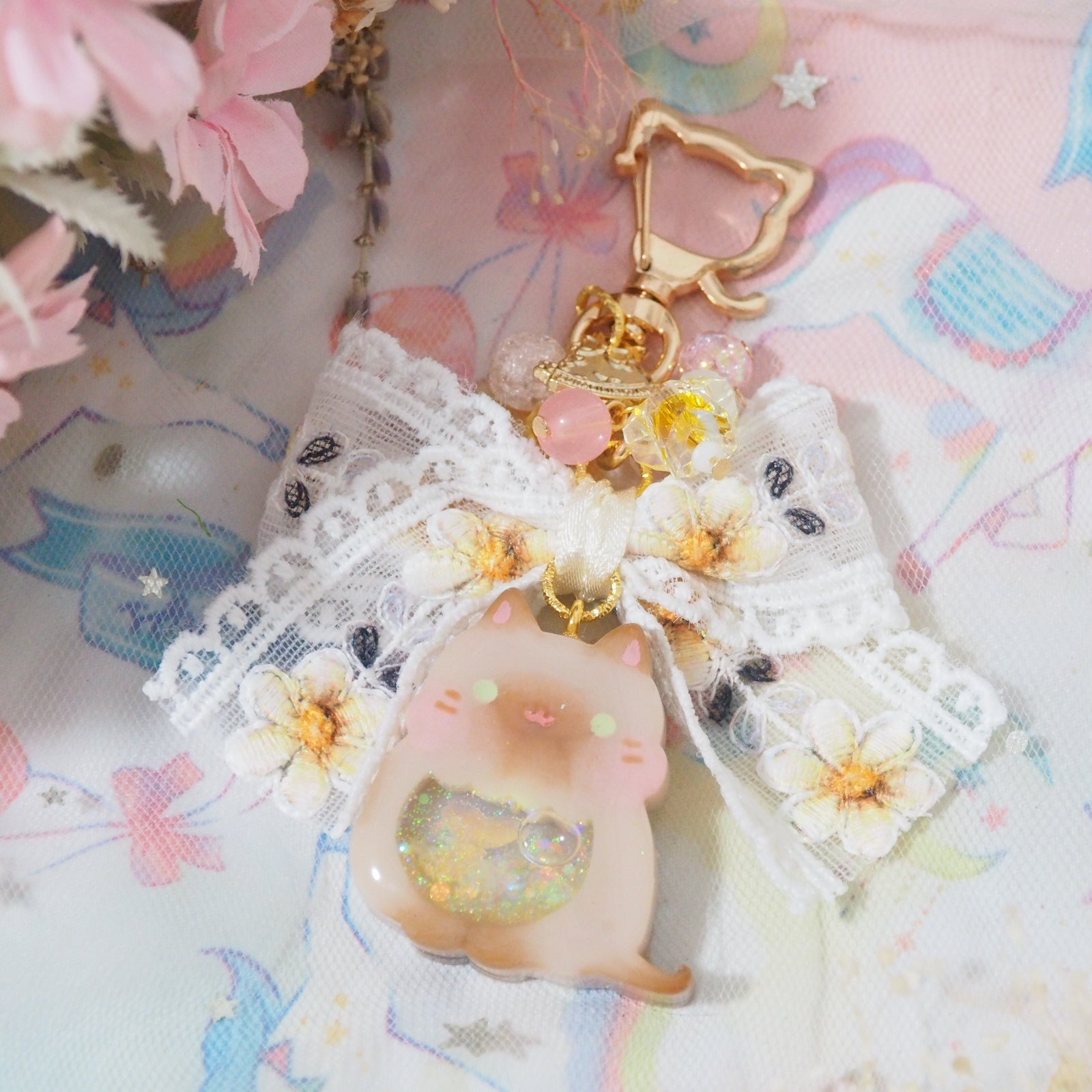 Siamese Cat Charm with Floral Embroidered Ribbon