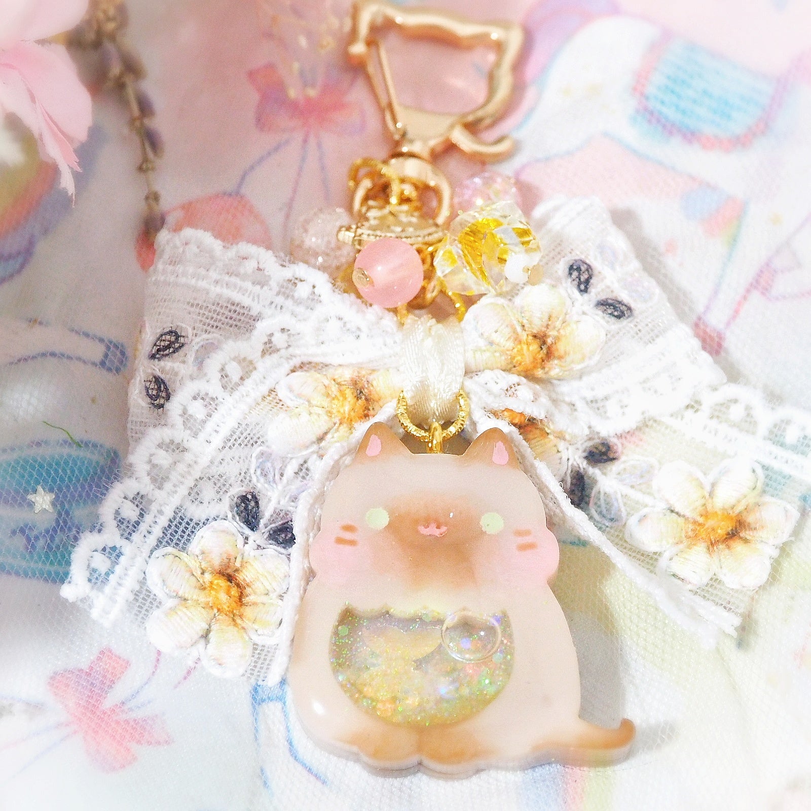 Siamese Cat Charm with Floral Embroidered Ribbon