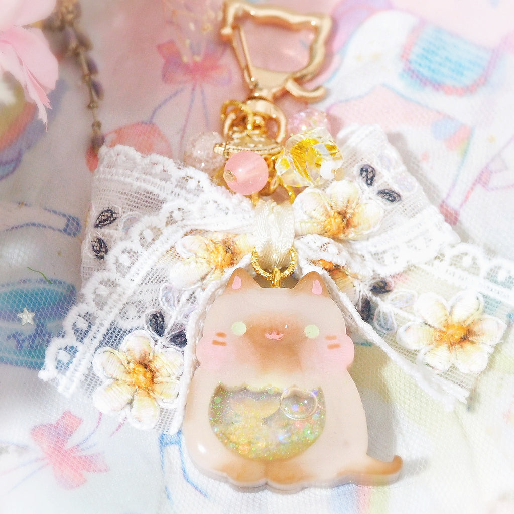 Siamese Cat Charm with Floral Embroidered Ribbon