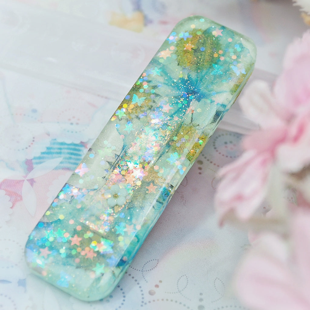 Butterfly Glass Floral Shaker Barette (Rounded Rectangle)