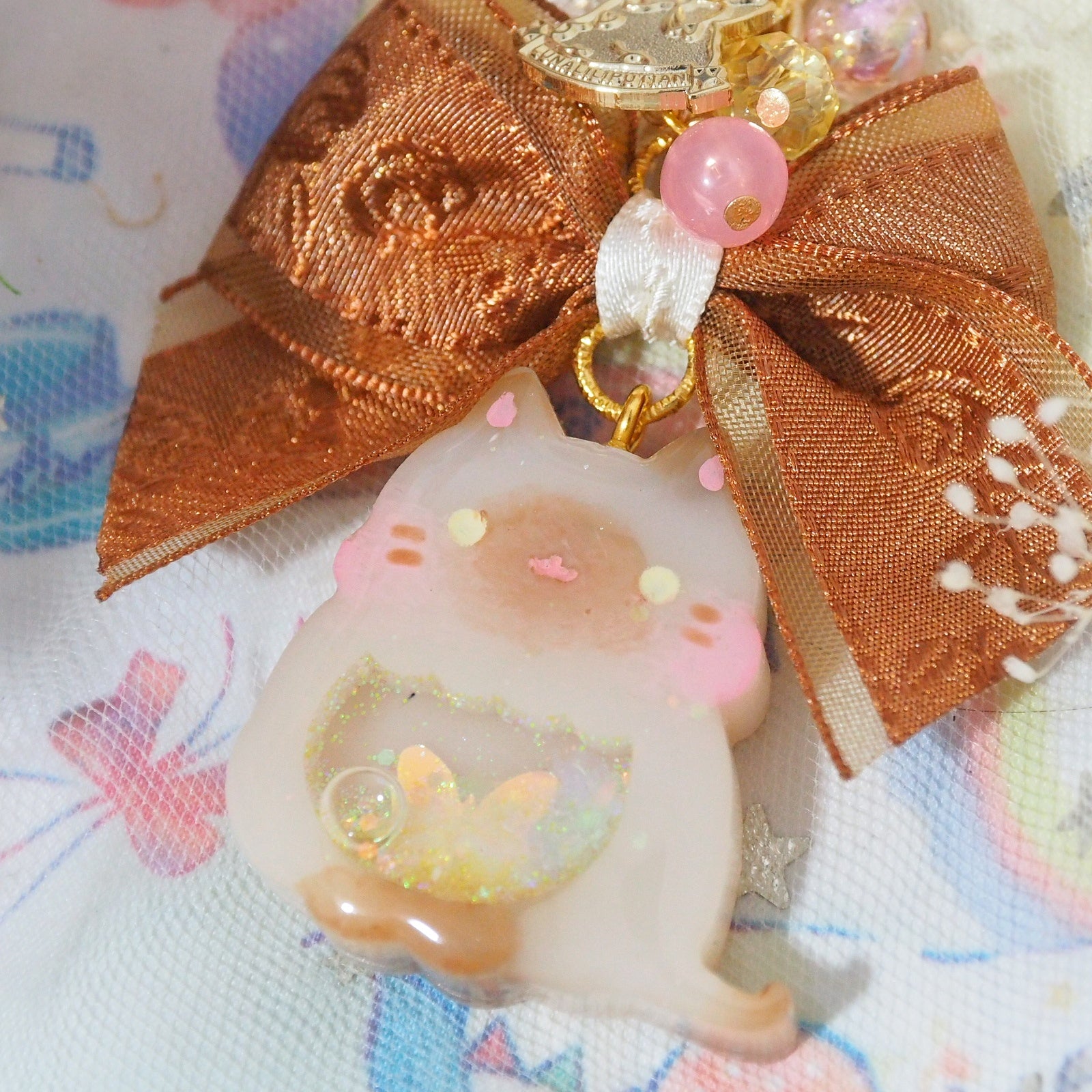 Siamese Cat Charm with Jacquard Chiffon Ribbon