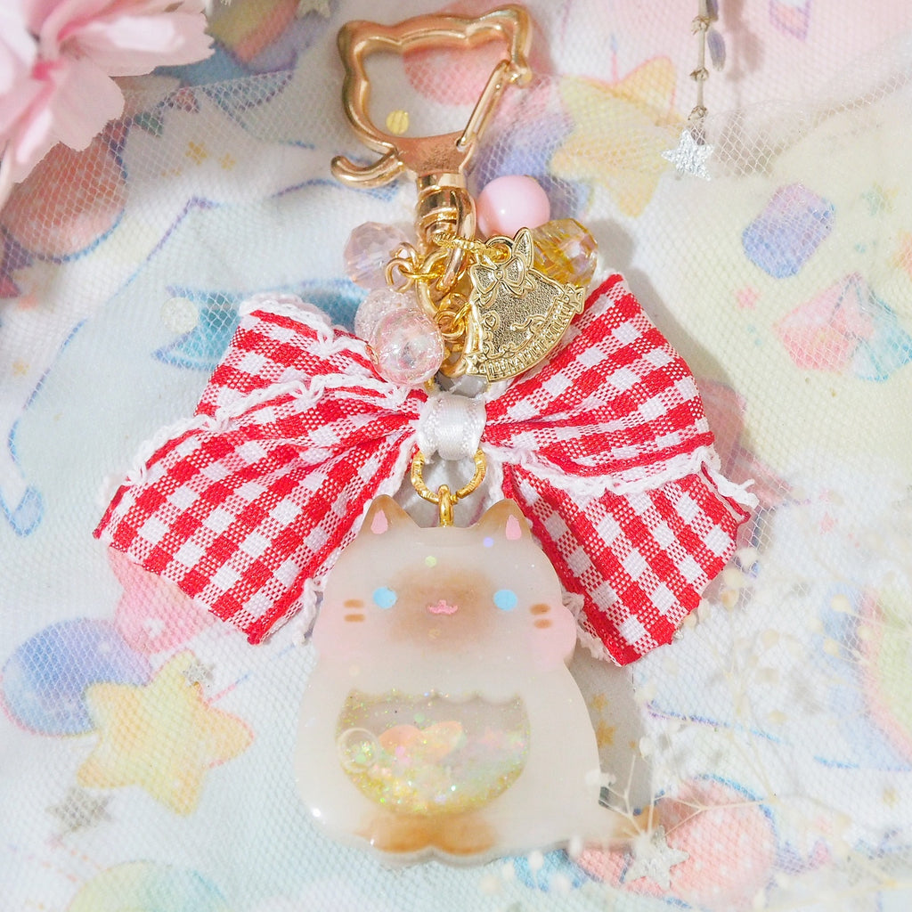 Siamese Cat Charm with Frilly Red Checkered Ribbon