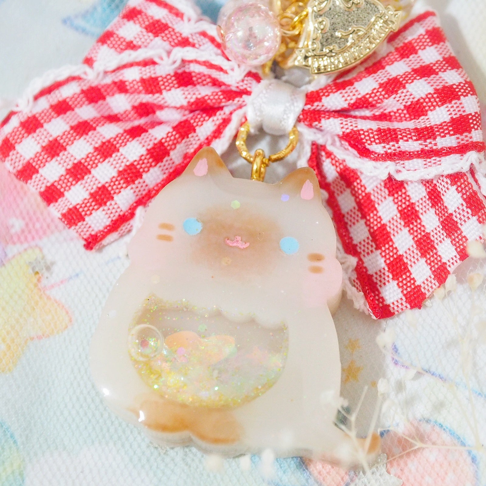 Siamese Cat Charm with Frilly Red Checkered Ribbon