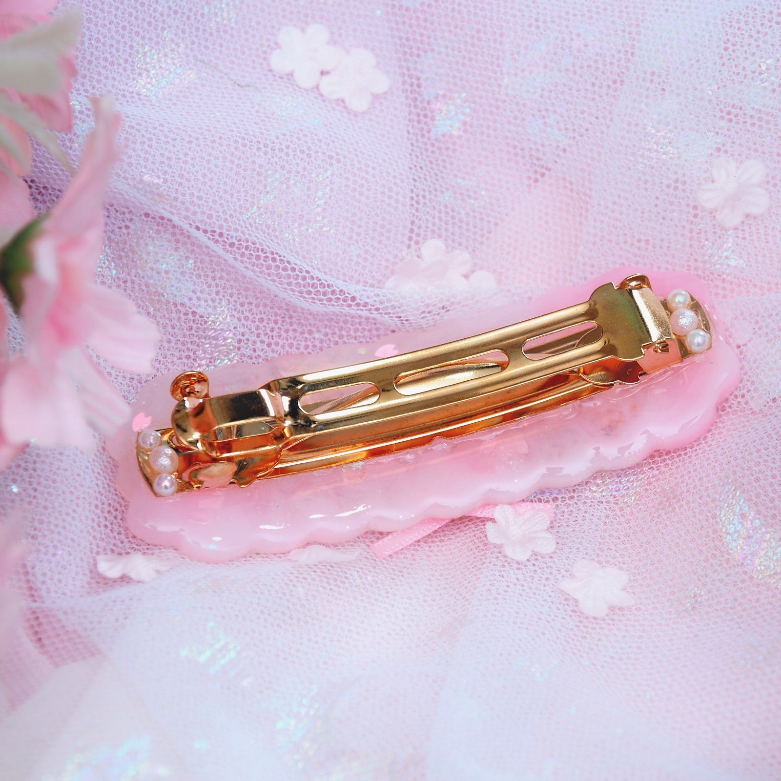 Pink Quartz Sakura Barrette (Cloud Bar, Gold Clasp)