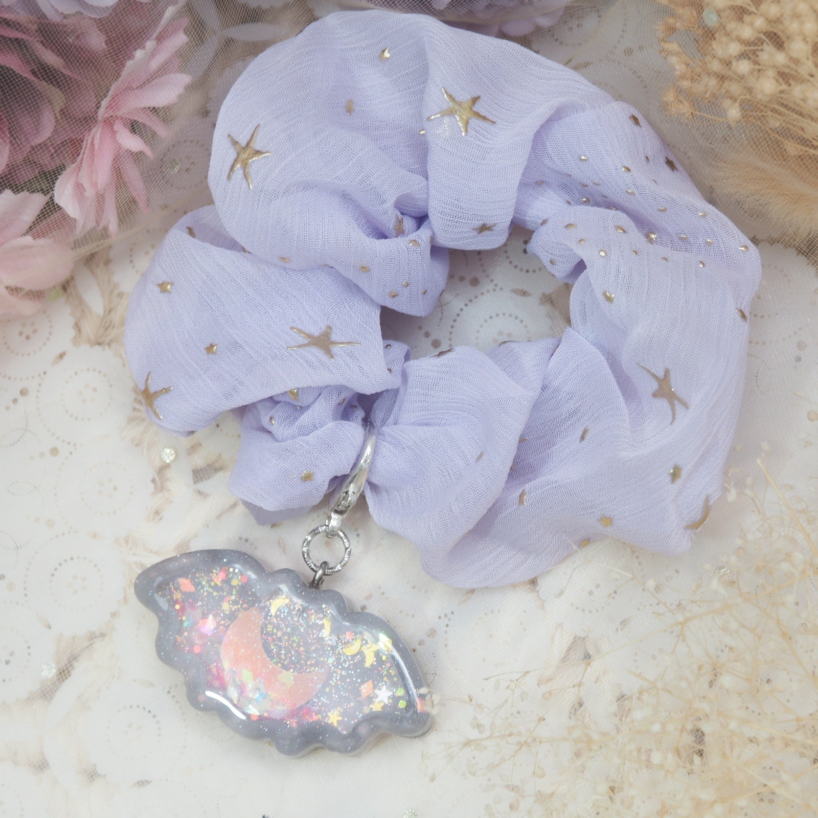 Marble Bat Charm with Lilac Starry Scrunchie