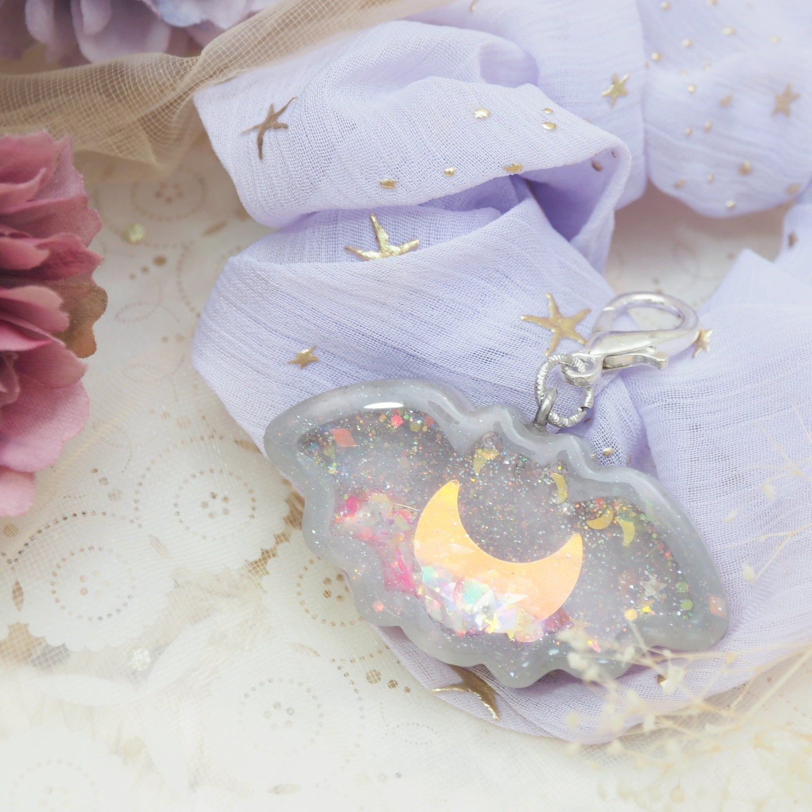 Marble Bat Charm with Lilac Starry Scrunchie