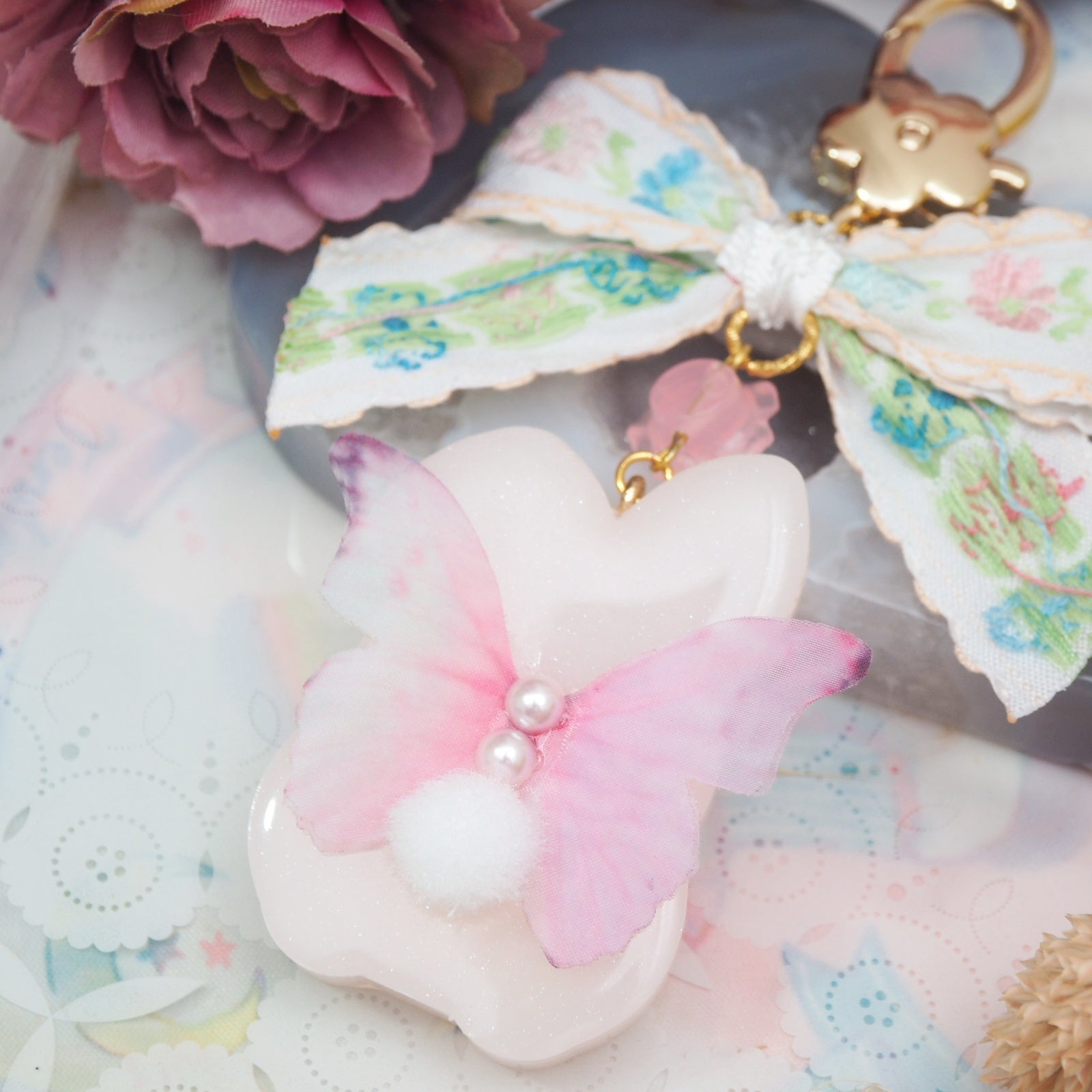 Peony Fairy Bun with Embroidered Floral Bow