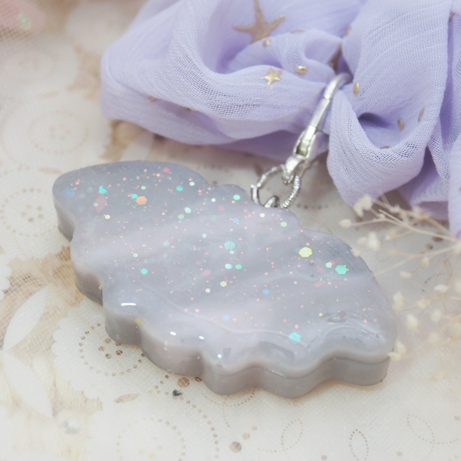 Marble Bat Charm with Lilac Starry Scrunchie