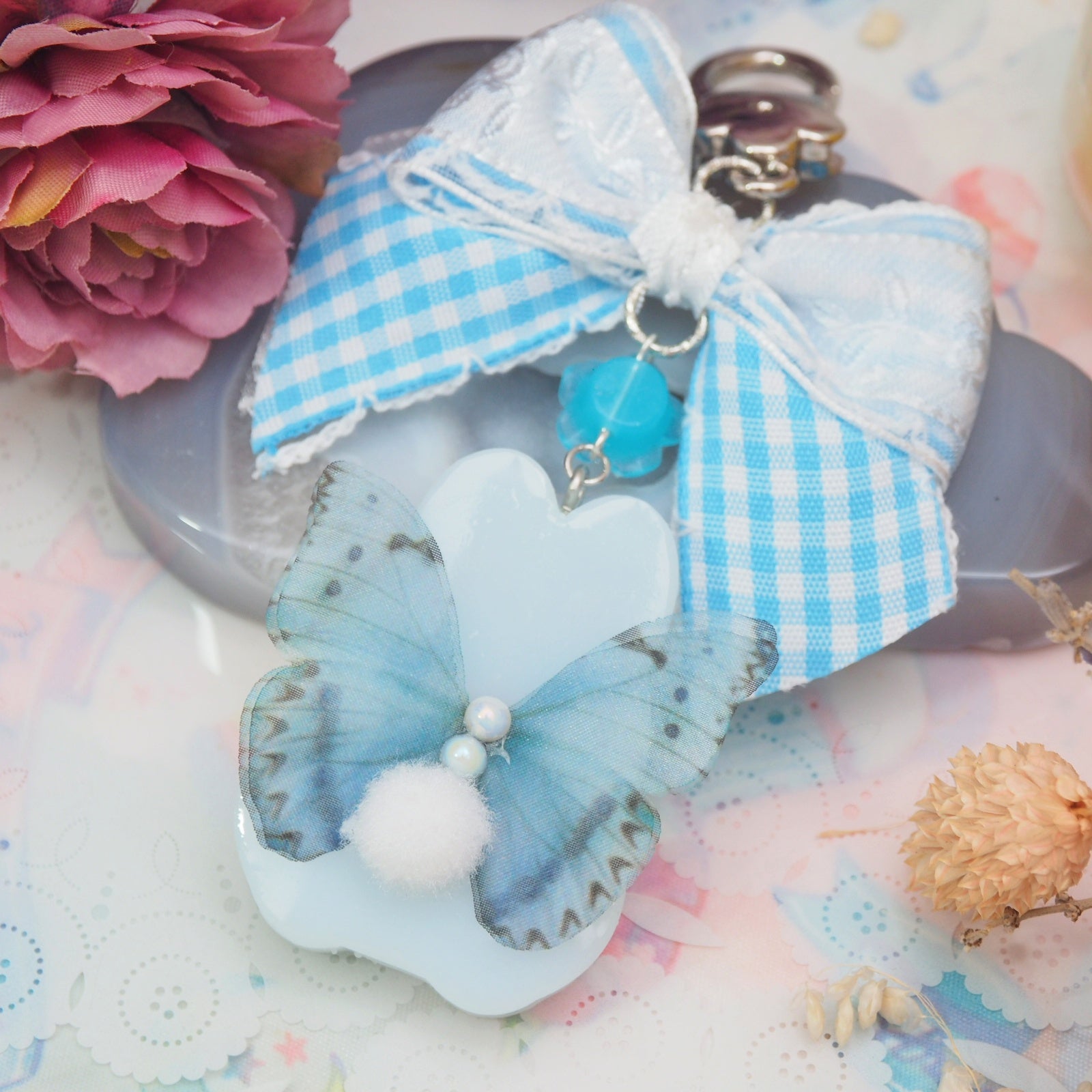 Delphinium Fairy Bun with Floral Checkered Bow