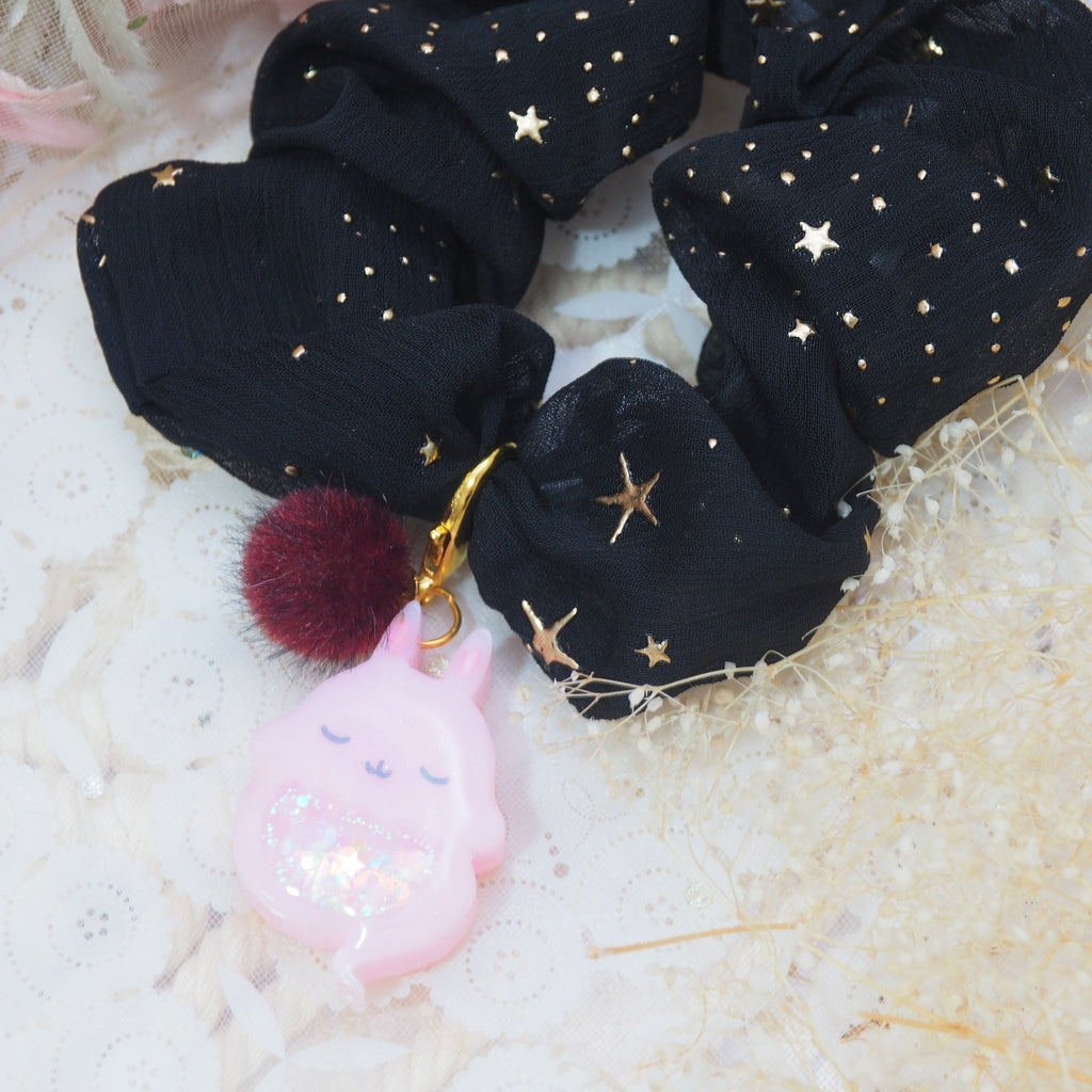 Pink Ghostie Bun Charm with Black Starry Scrunchie (Glows)
