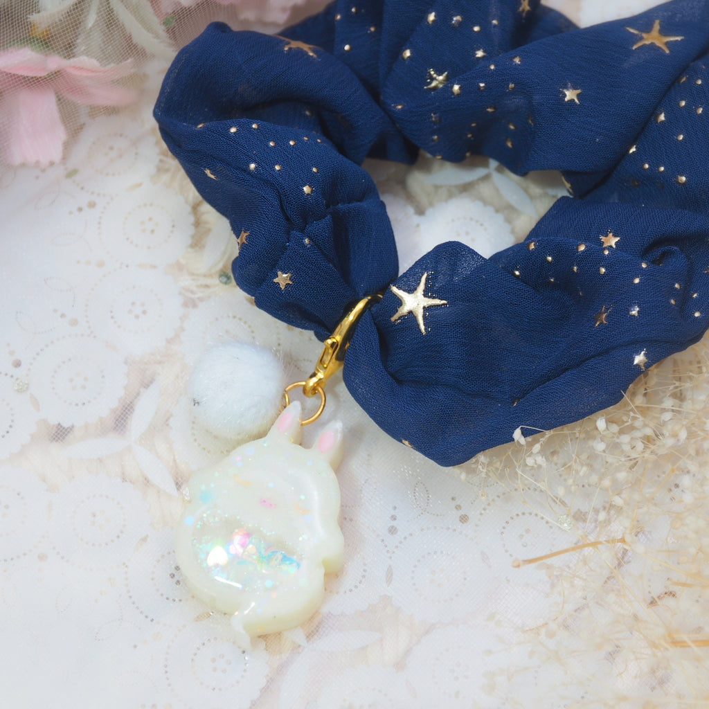 Yellow Ghostie Bun Charm with Navy Starry Scrunchie (Glows)