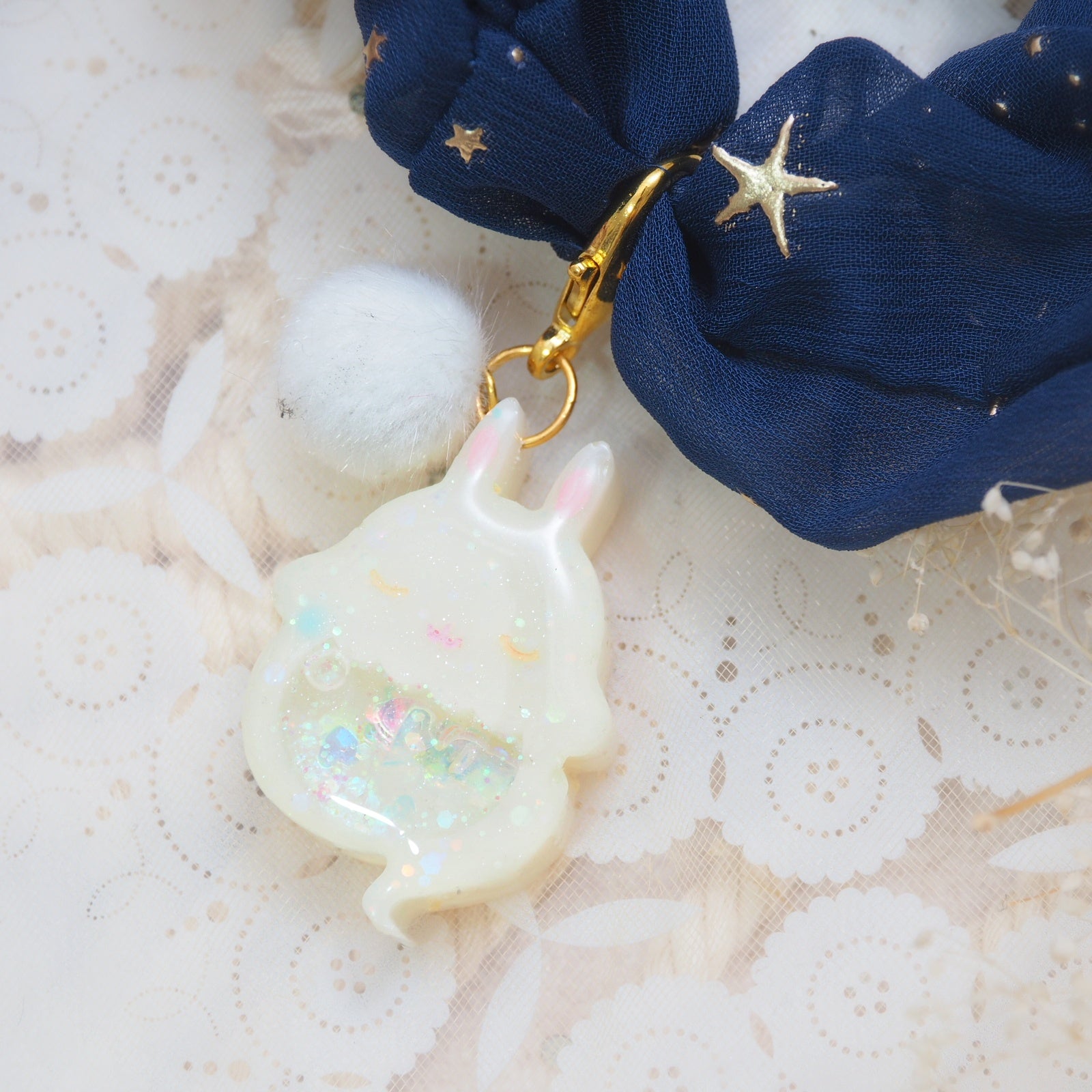 Yellow Ghostie Bun Charm with Navy Starry Scrunchie (Glows)