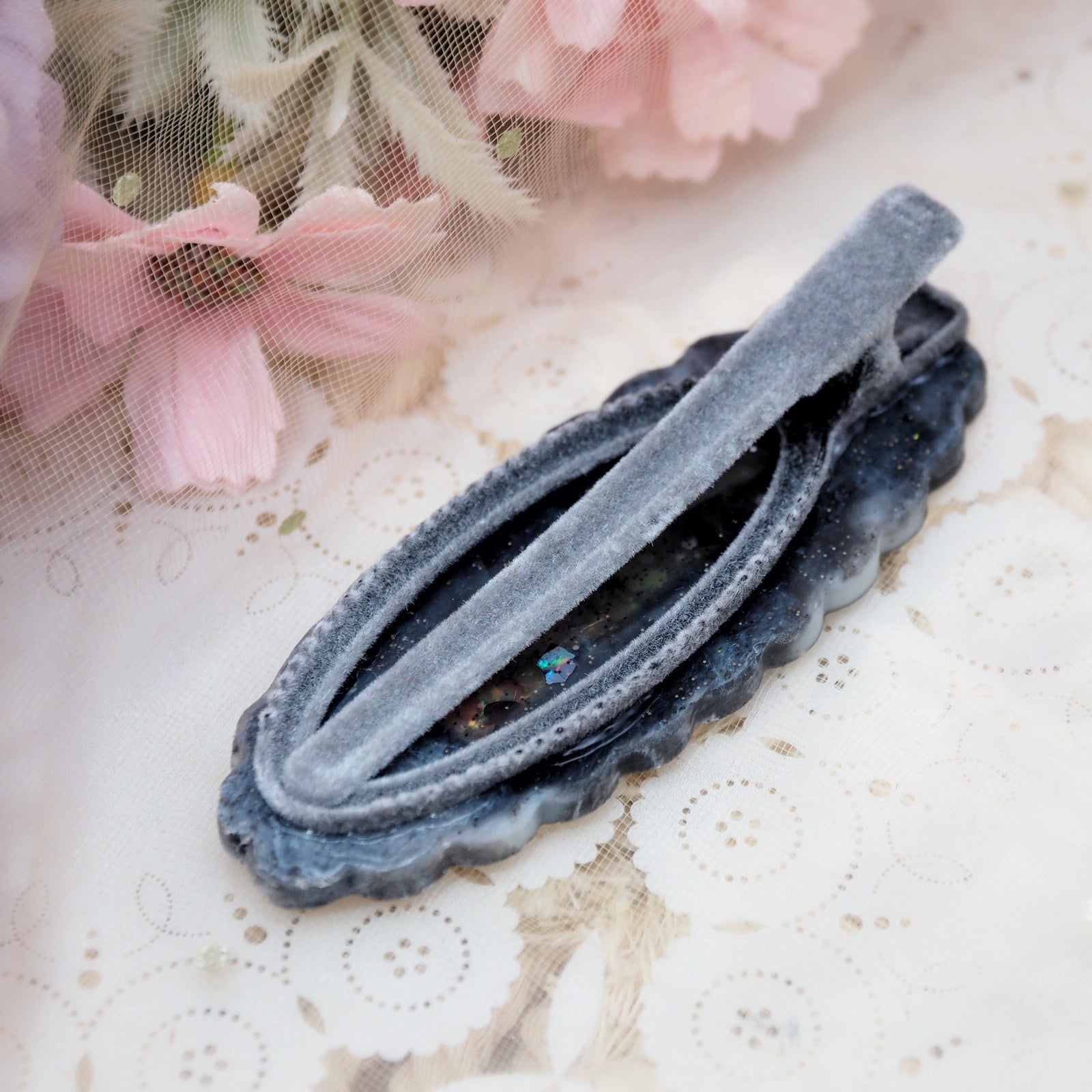 Skeleton Key Grey Velvet Shaker Barette (Cloud, Glows)