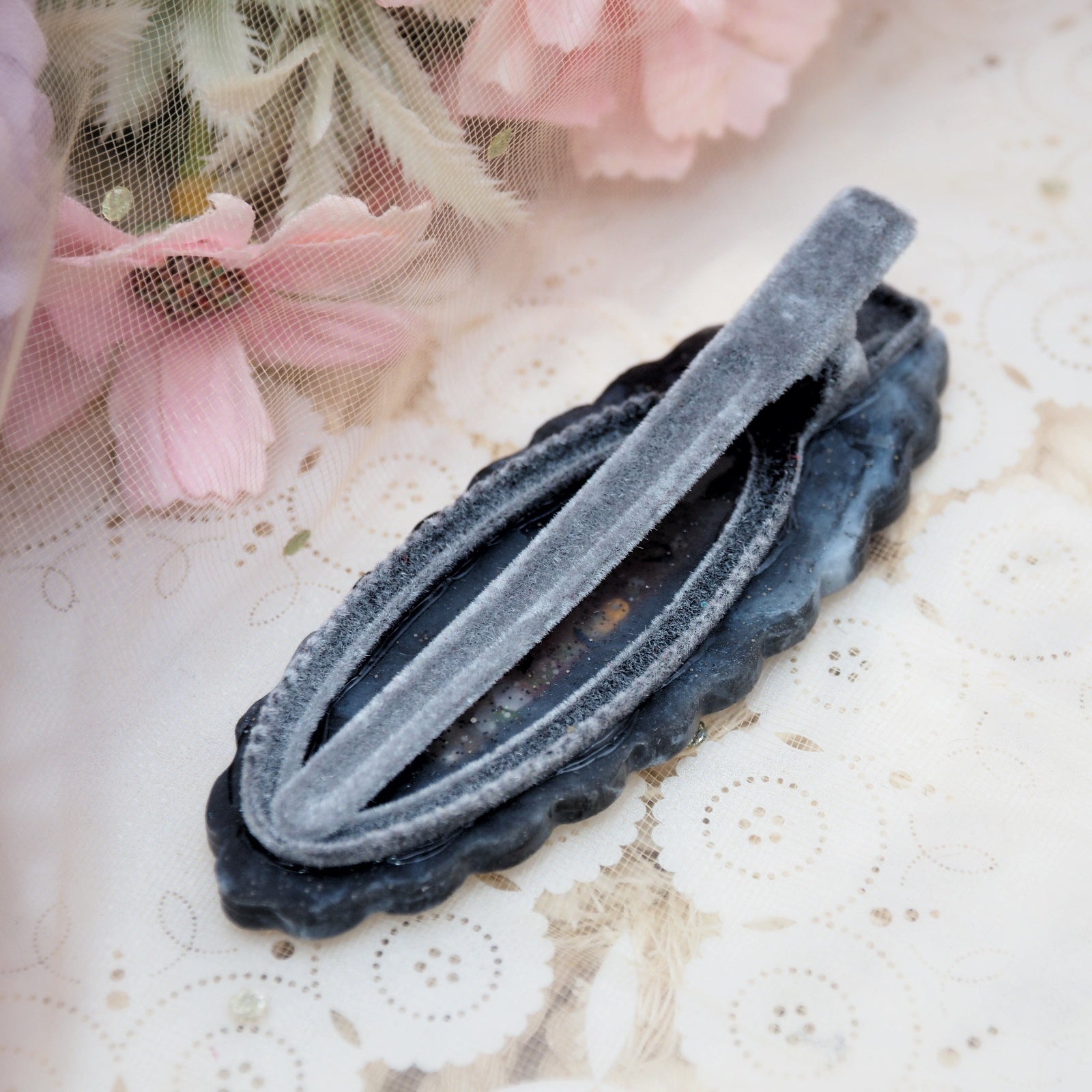 Skeleton Key Grey Velvet Shaker Barette (Cloud, Glows)