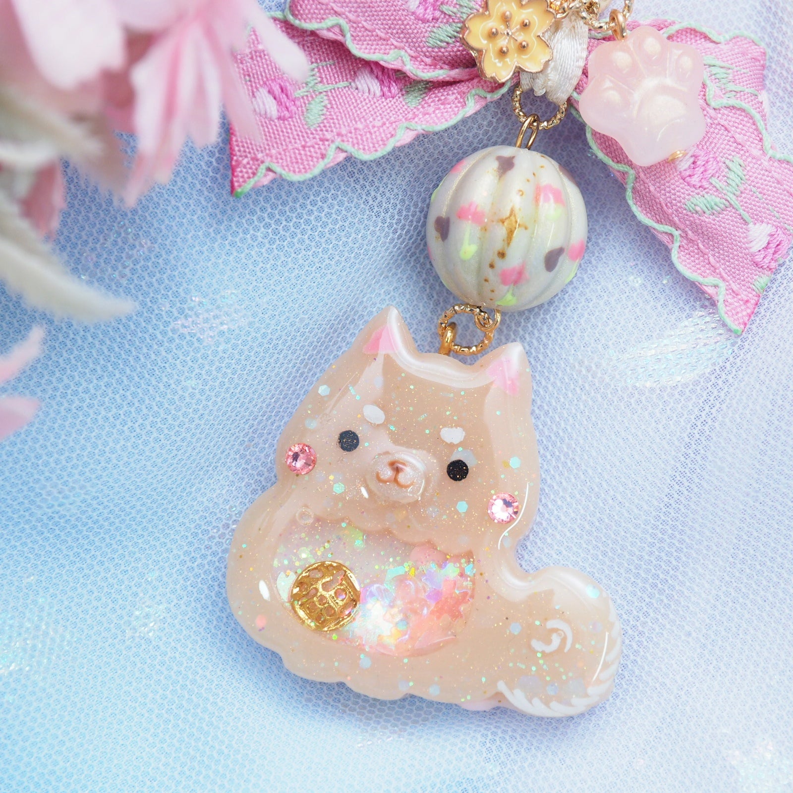Shiba Charm with handpainted bead (Tan)
