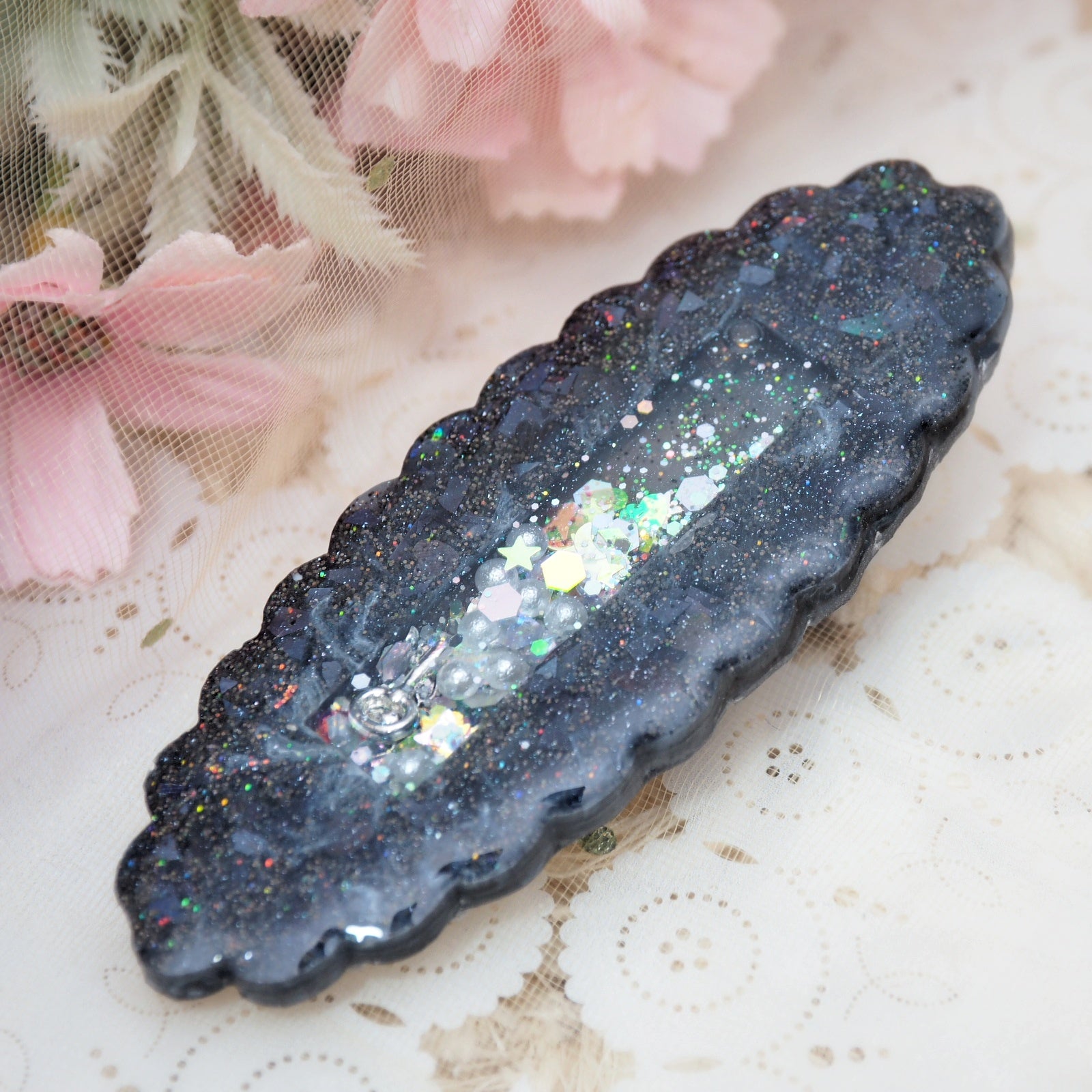 Skeleton Key Grey Velvet Shaker Barette (Cloud, Glows)
