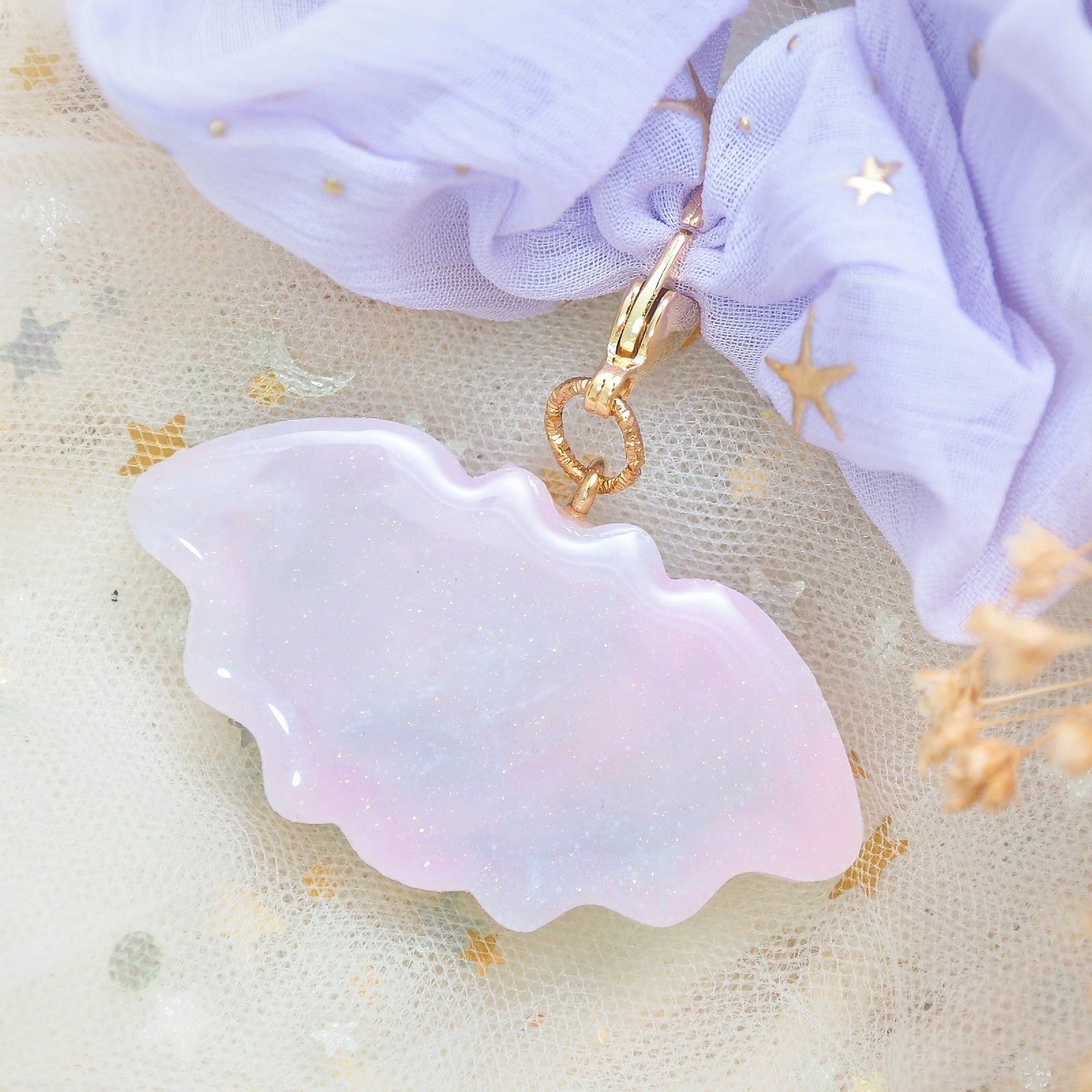 Marble Bat Charm with Lilac Starry Scrunchie (Glows)