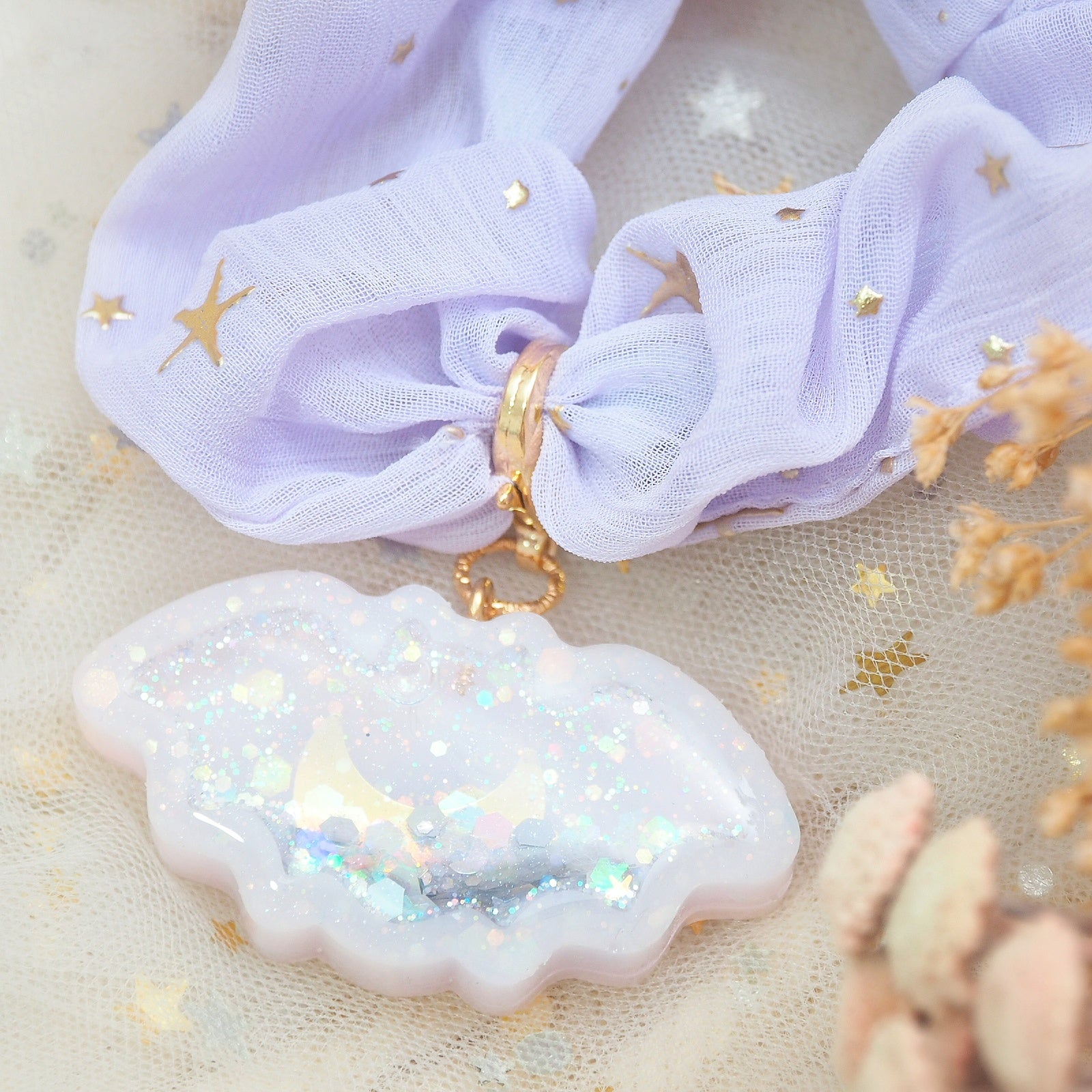 Marble Bat Charm with Lilac Starry Scrunchie (Glows)