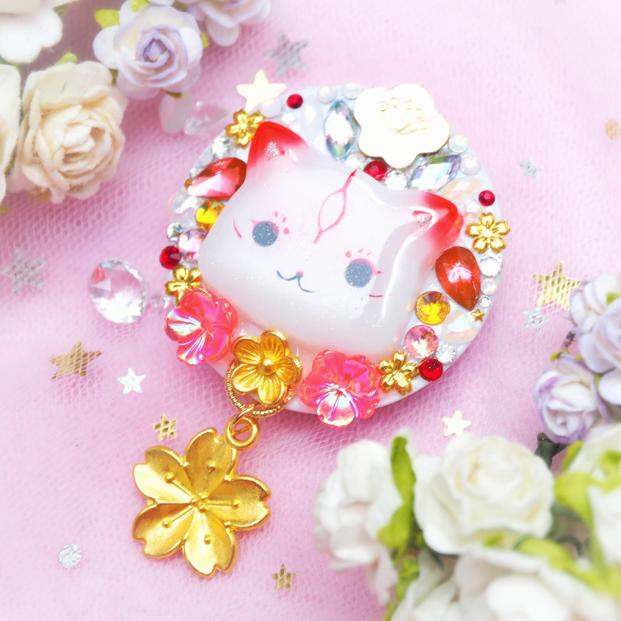 Kawaii OOkami Ket Phone Grip (Red teardrop crystal)