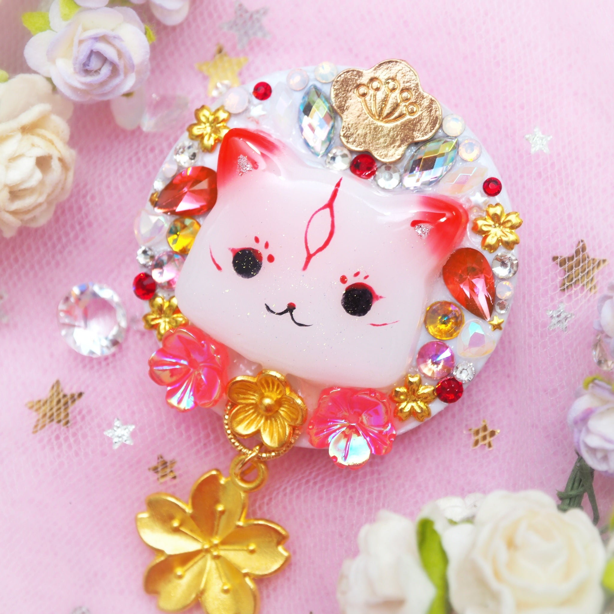 Kawaii OOkami Ket Phone Grip (Red teardrop crystal)