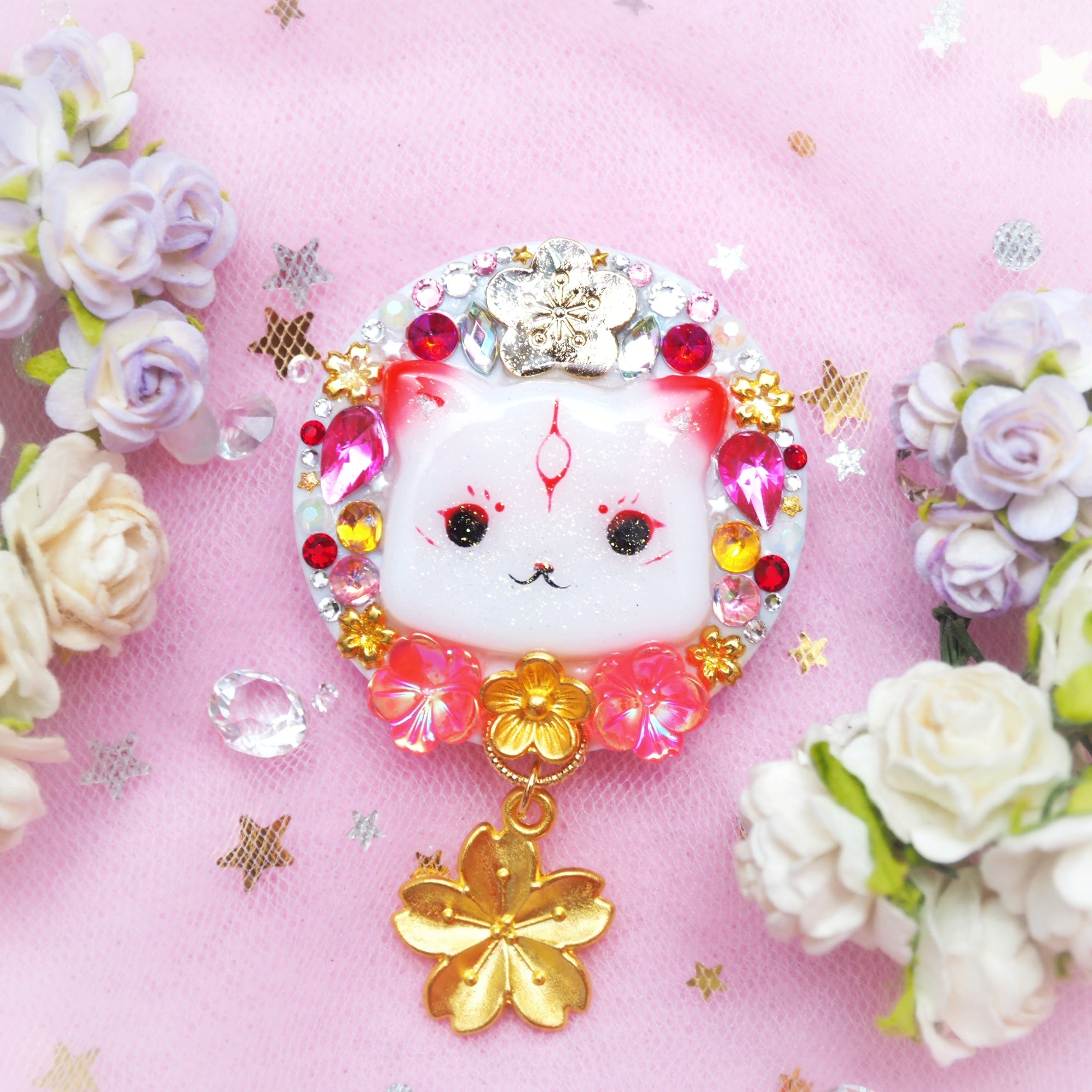 Kawaii OOkami Ket Phone Grip (Pink teardrop crystal)