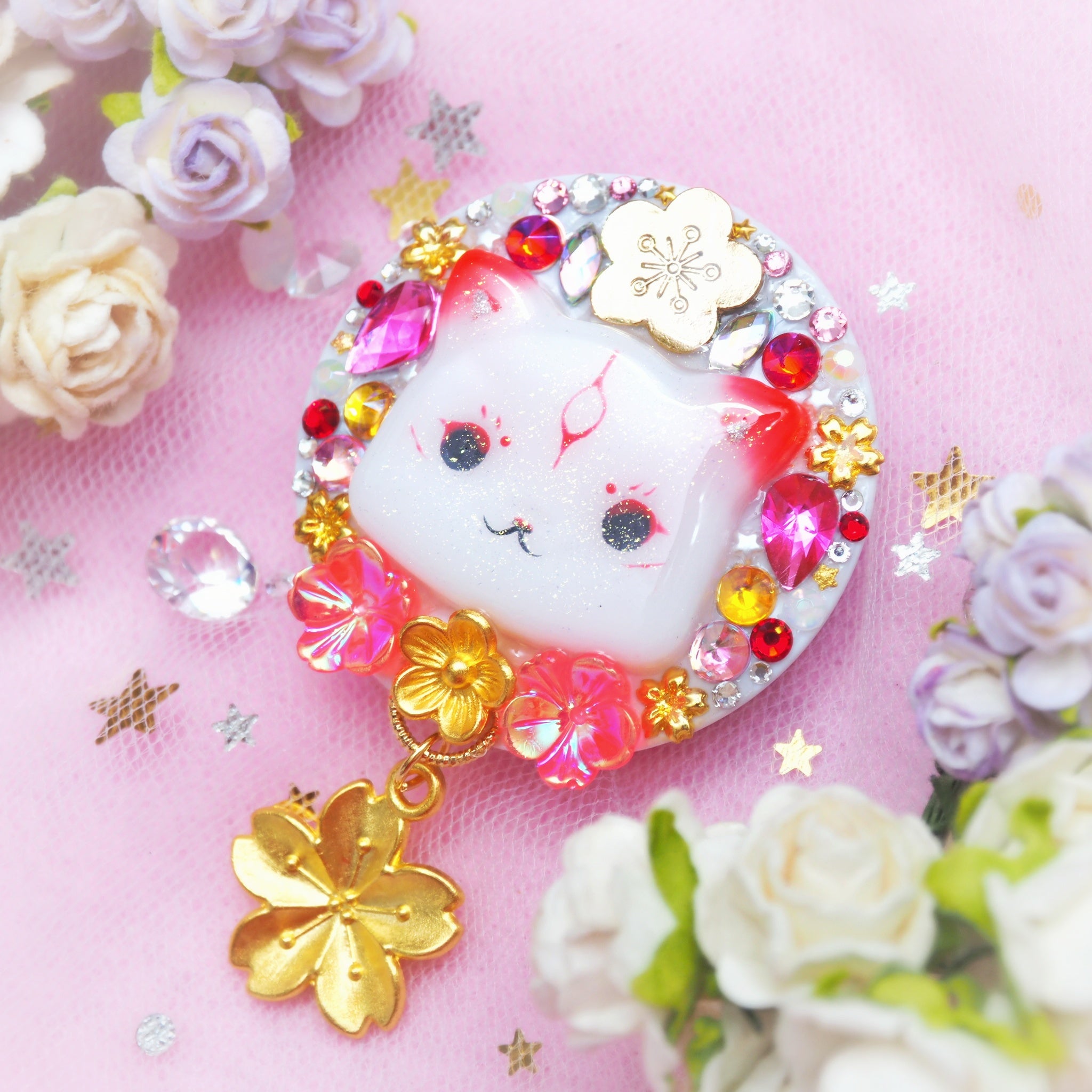 Kawaii OOkami Ket Phone Grip (Pink teardrop crystal)